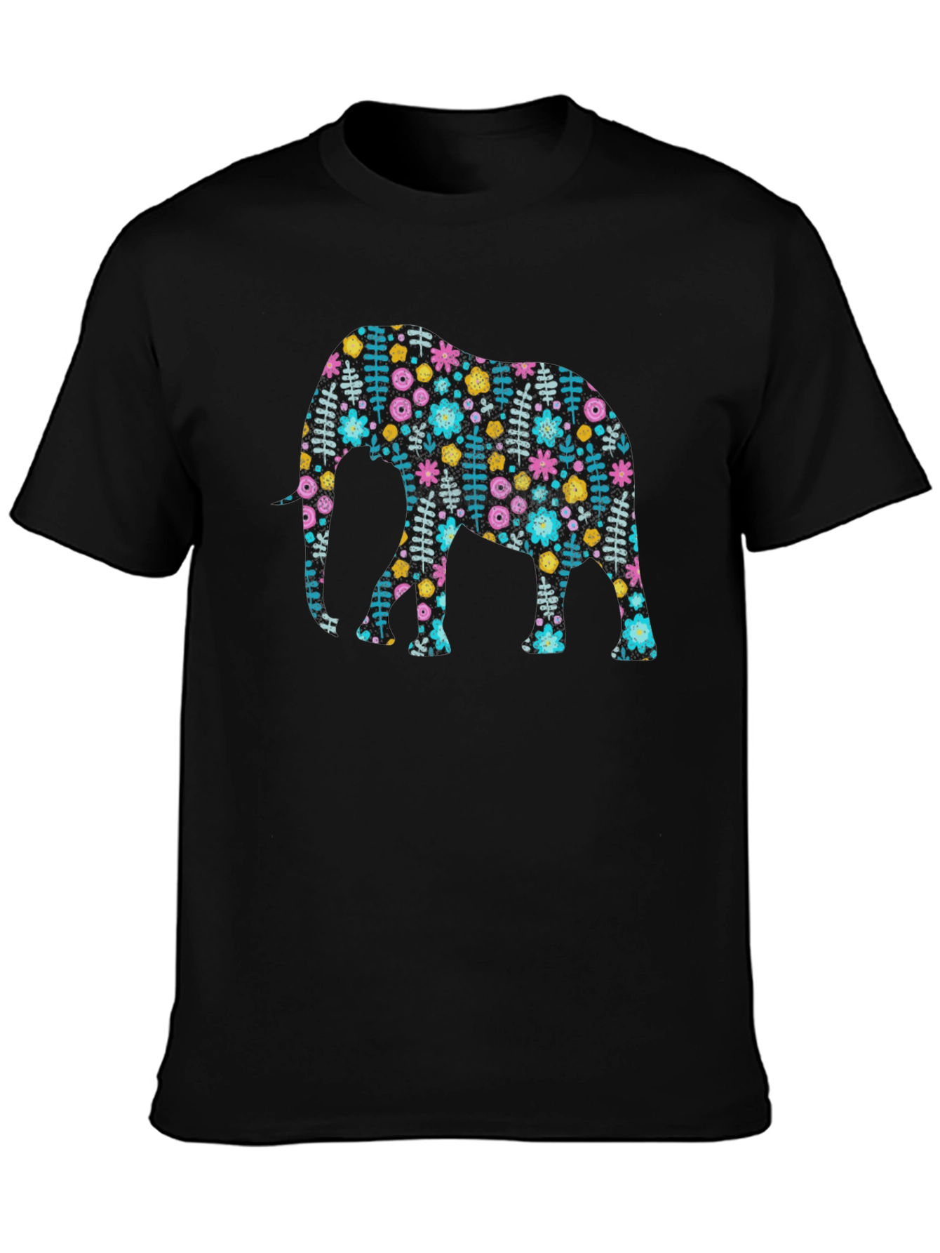 Floral Elephant Graphic Tee - Black Cotton Comfort Fit