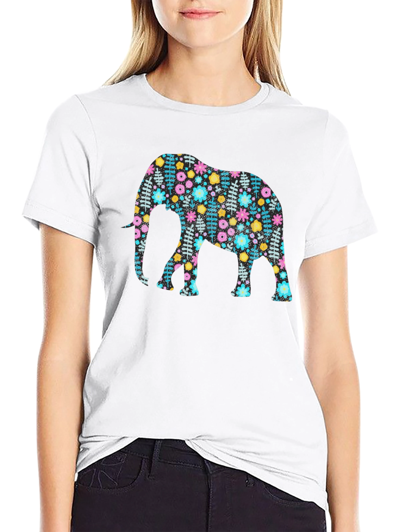 Floral Elephant Graphic Tee - Black Cotton Comfort Fit
