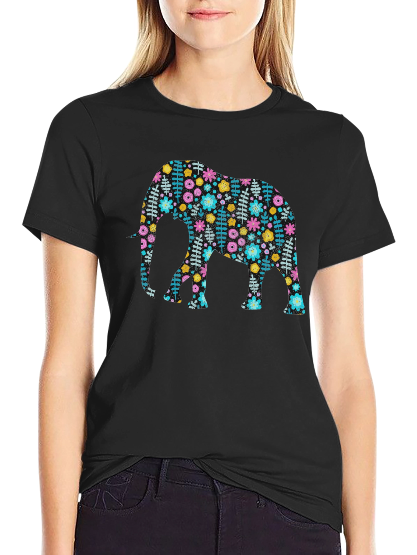Floral Elephant Graphic Tee - Black Cotton Comfort Fit
