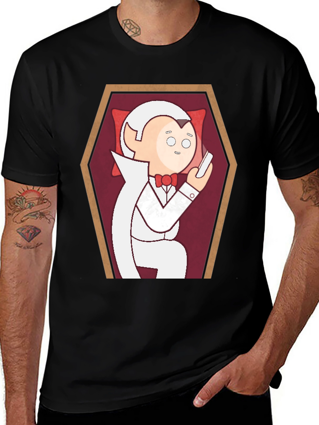 Funny Cartoon Vampire in Coffin Graphic T-Shirt