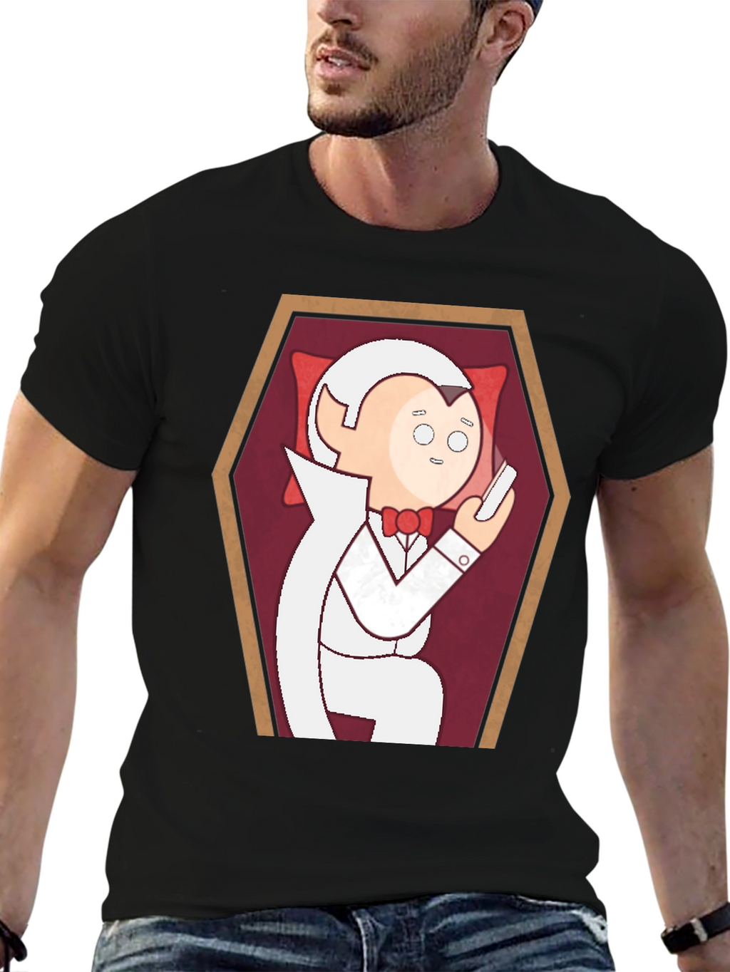 Funny Cartoon Vampire in Coffin Graphic T-Shirt