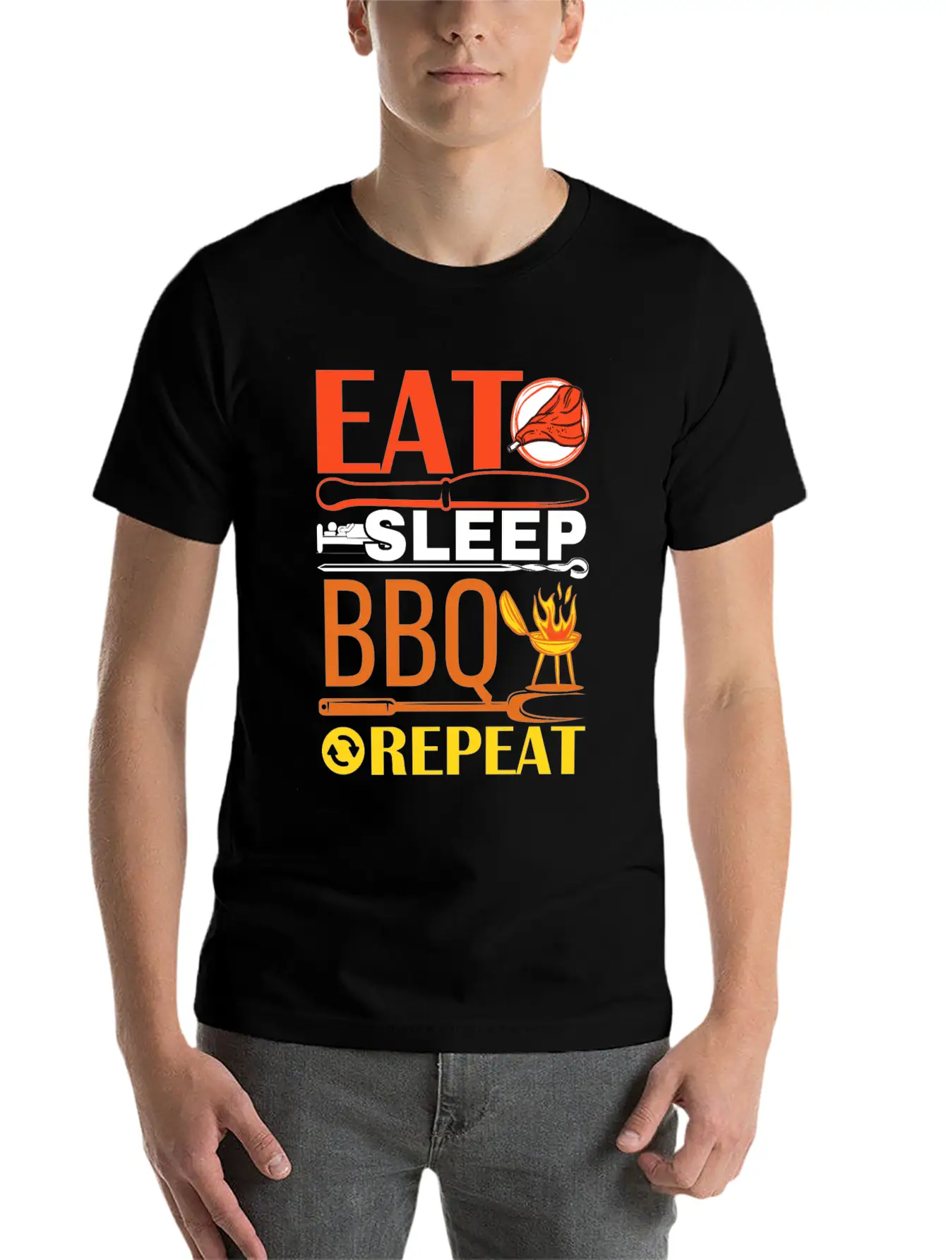 Eat Sleep BBQ Repeat Barbecue Essential Unisex Summer Tee – Soft Cotton Casual Fit