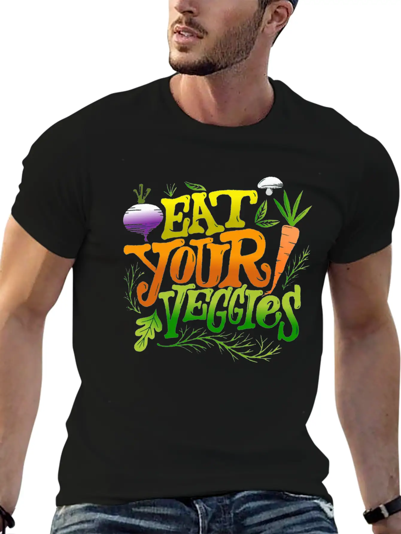 Eat Your Veggies Lettering Essential Cotton Tee For Daily Outfits – Unisex Style
