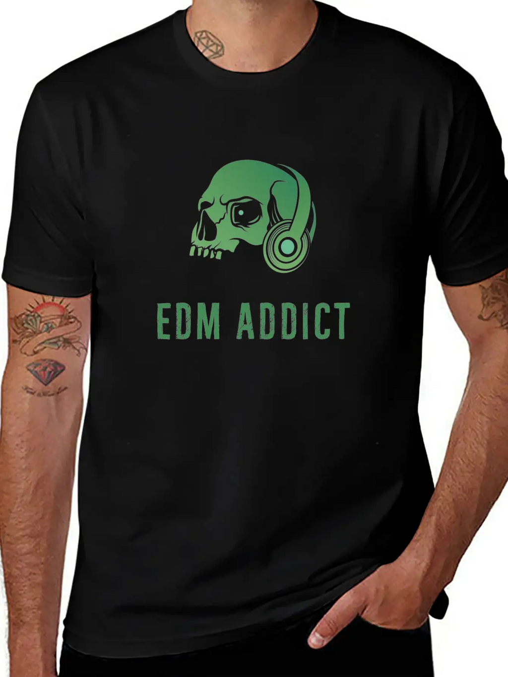 Edm Addict | Green Skull With Headphones Gift Basic Graphic T-Shirt – Daily Comfort In Soft Cotton