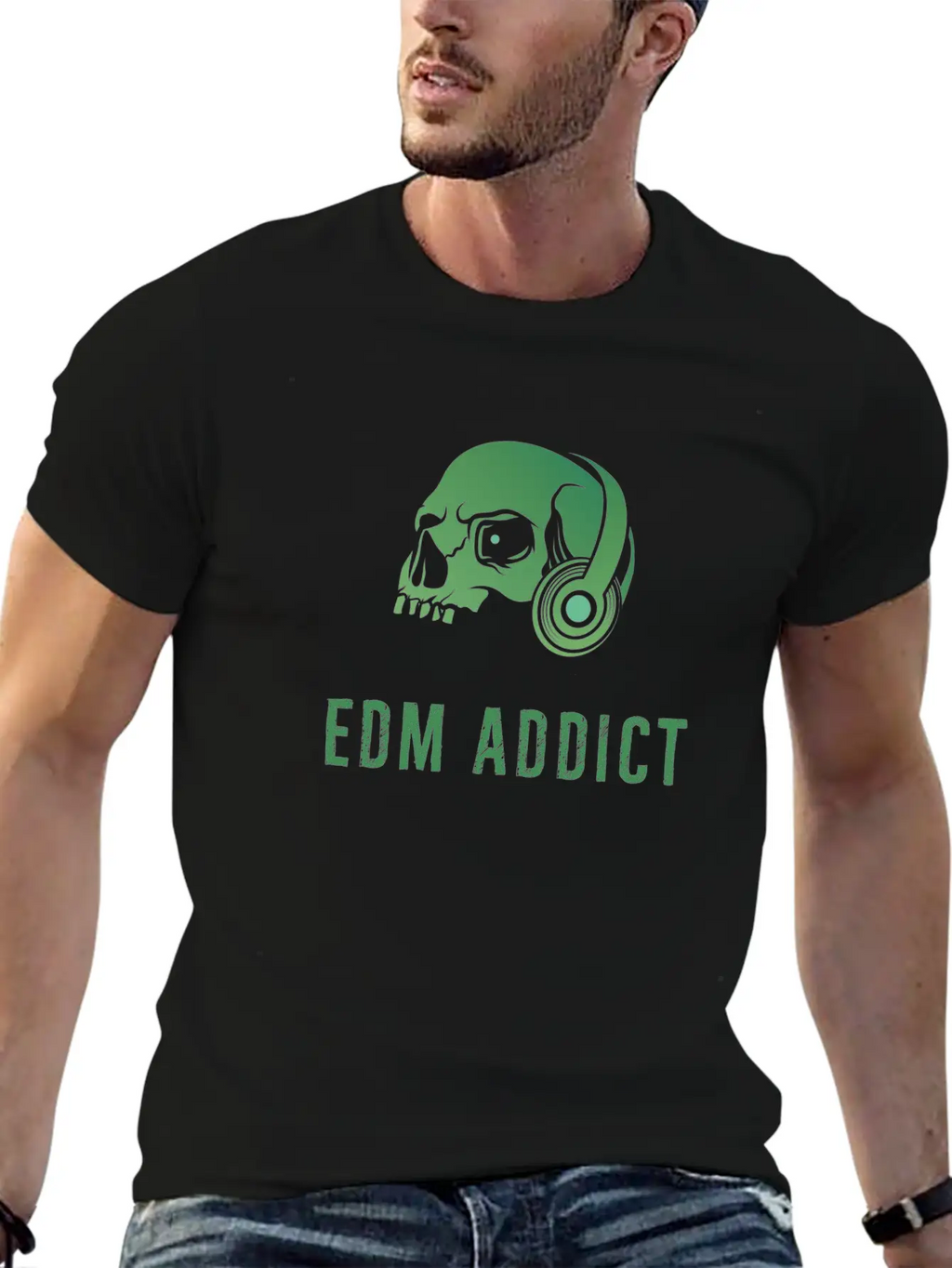 Edm Addict | Green Skull With Headphones Gift Basic Graphic T-Shirt – Daily Comfort In Soft Cotton