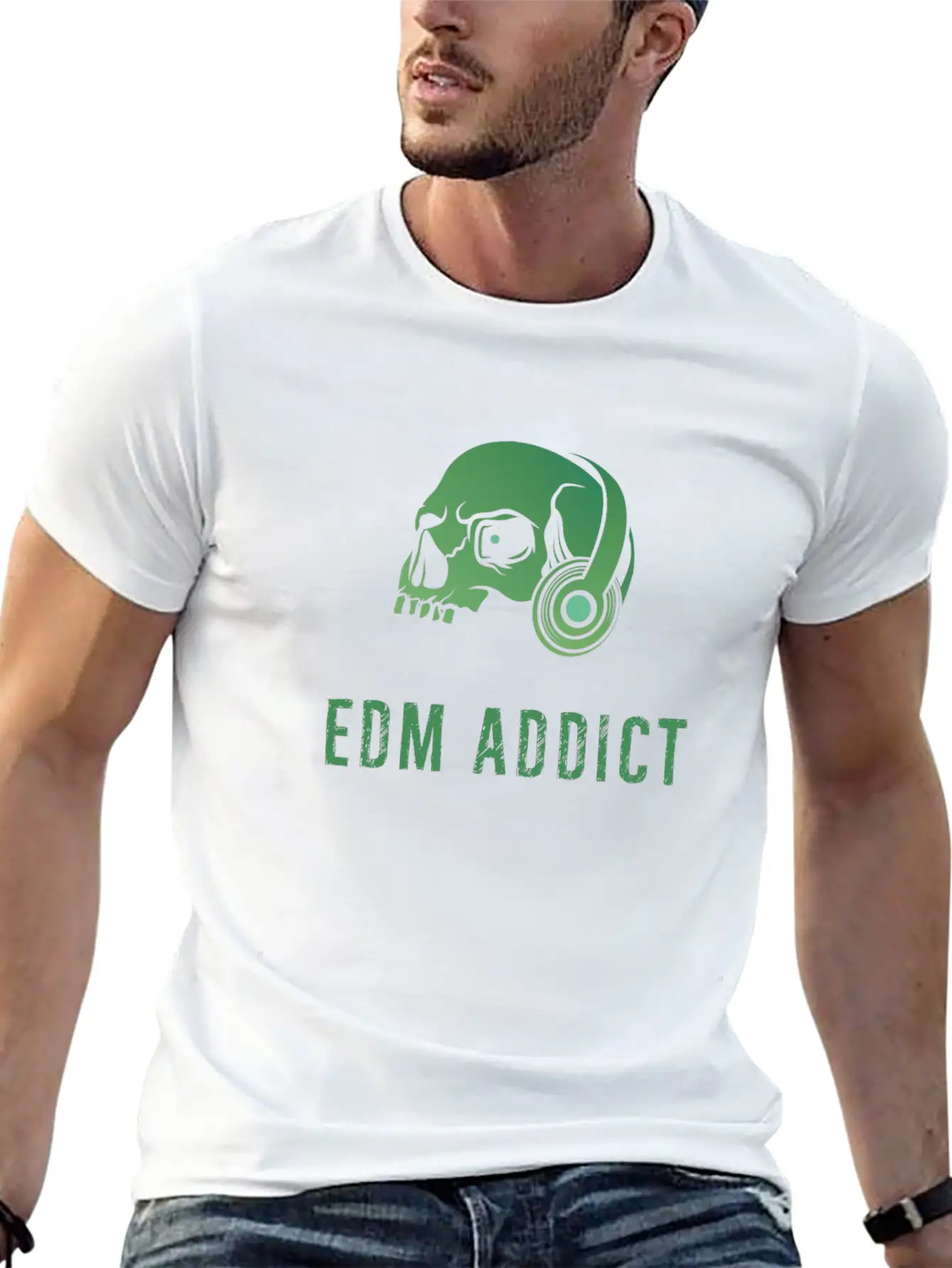 Edm Addict | Green Skull With Headphones Gift Basic Graphic T-Shirt – Daily Comfort In Soft Cotton