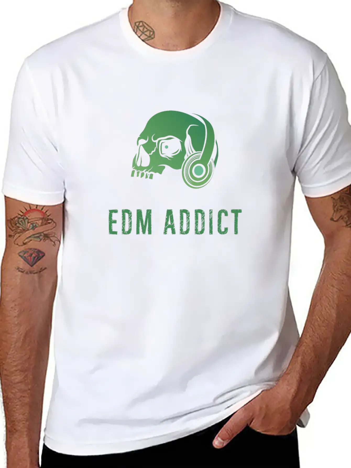 Edm Addict | Green Skull With Headphones Gift Basic Graphic T-Shirt – Daily Comfort In Soft Cotton
