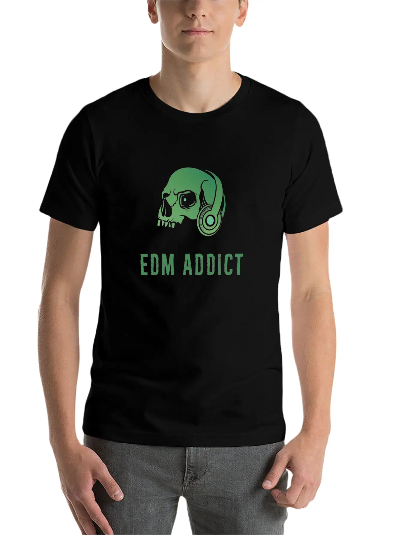 Edm Addict | Green Skull With Headphones Gift Basic Graphic T-Shirt – Daily Comfort In Soft Cotton