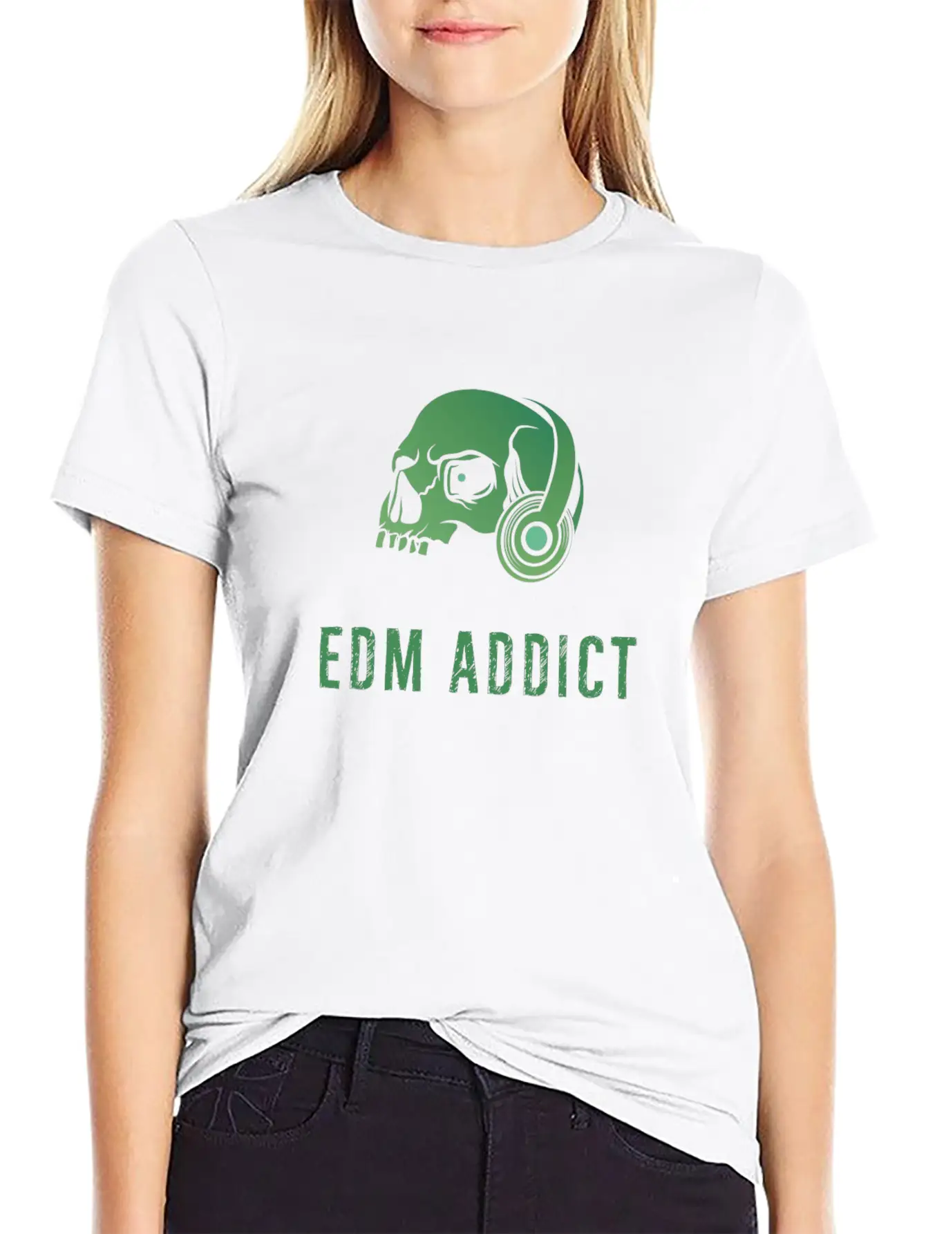 Edm Addict | Green Skull With Headphones Gift Basic Graphic T-Shirt – Daily Comfort In Soft Cotton