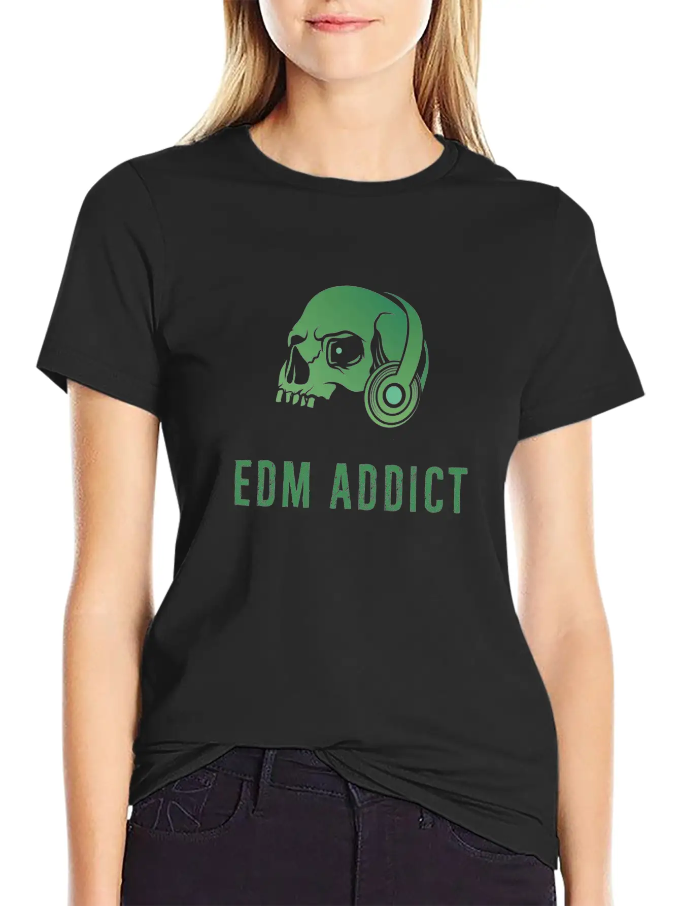 Edm Addict | Green Skull With Headphones Gift Basic Graphic T-Shirt – Daily Comfort In Soft Cotton
