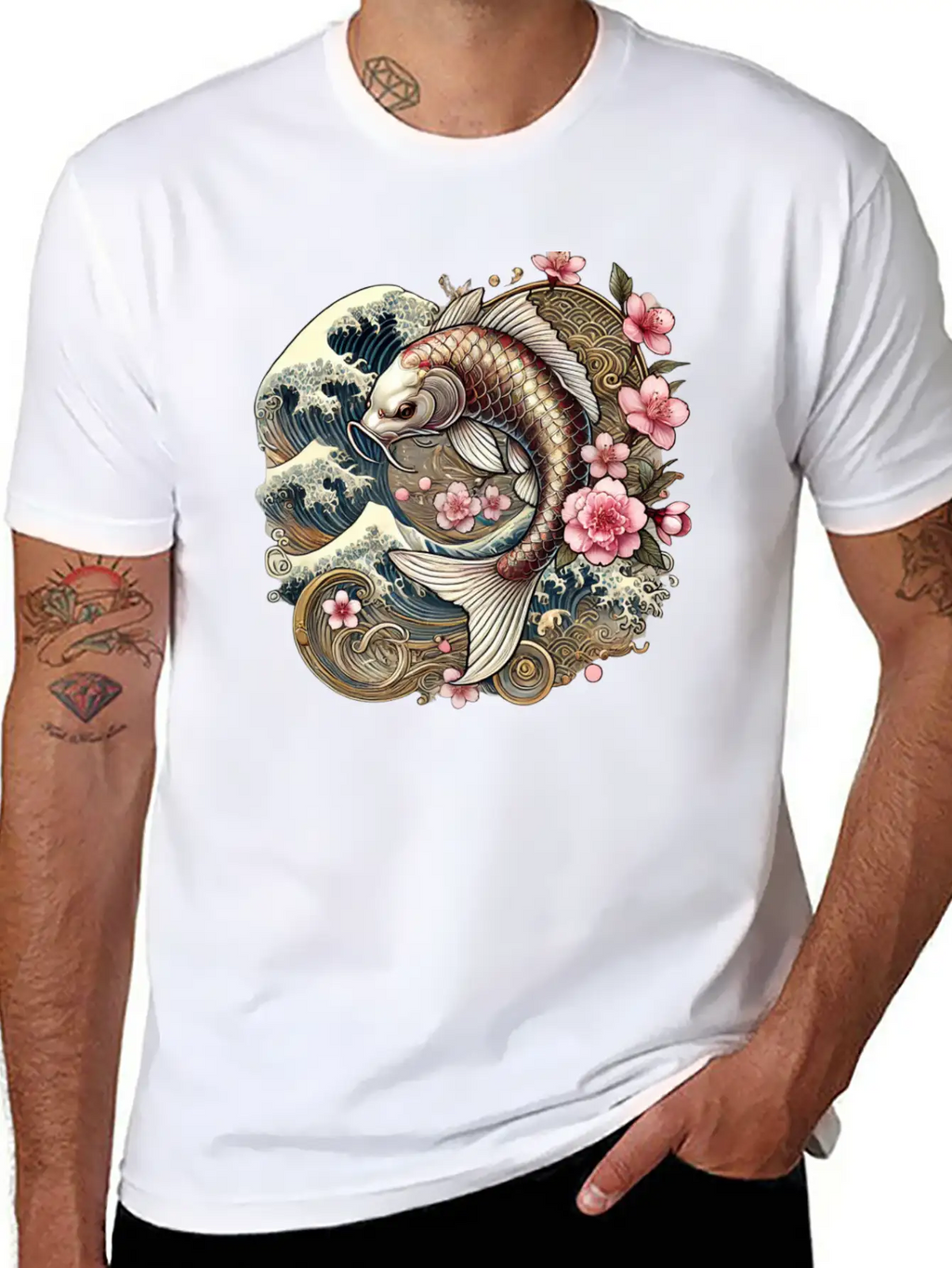 Elegant Koi Fish And Cherry Blossom Design Breathable Graphic T-Shirt – Perfect For Casual Days