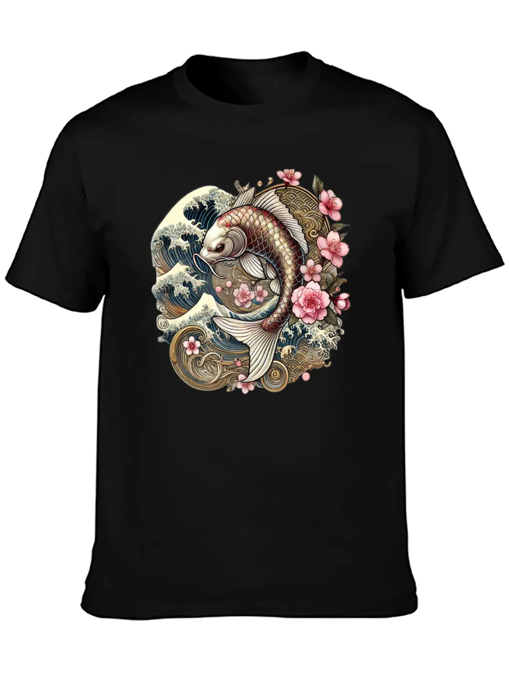 Elegant Koi Fish And Cherry Blossom Design Breathable Graphic T-Shirt – Perfect For Casual Days