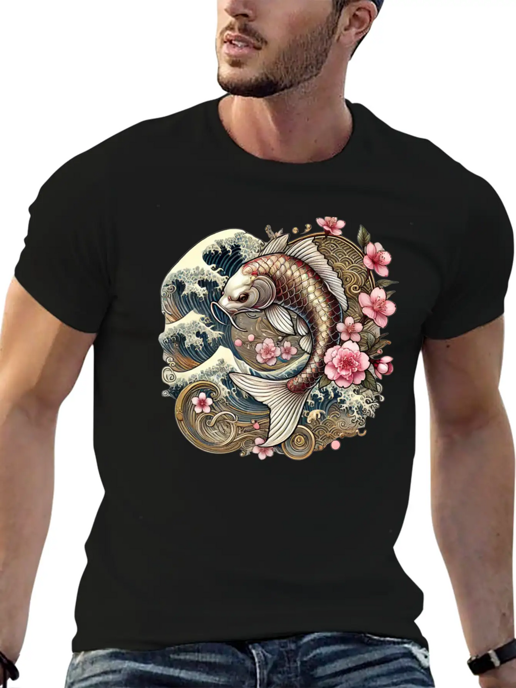 Elegant Koi Fish And Cherry Blossom Design Breathable Graphic T-Shirt – Perfect For Casual Days