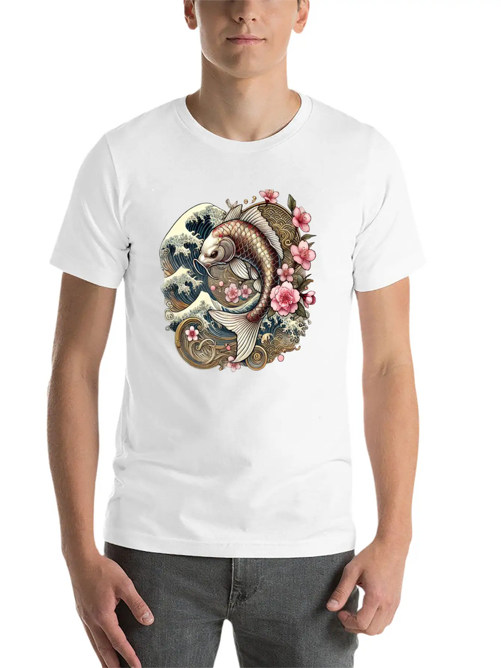 Elegant Koi Fish And Cherry Blossom Design Breathable Graphic T-Shirt – Perfect For Casual Days