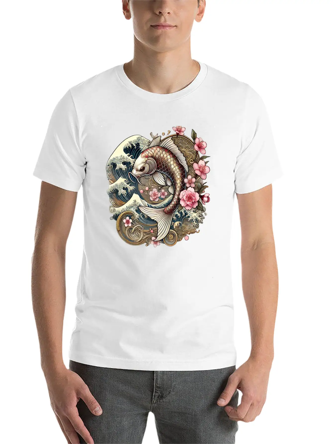Elegant Koi Fish And Cherry Blossom Design Breathable Graphic T-Shirt – Perfect For Casual Days