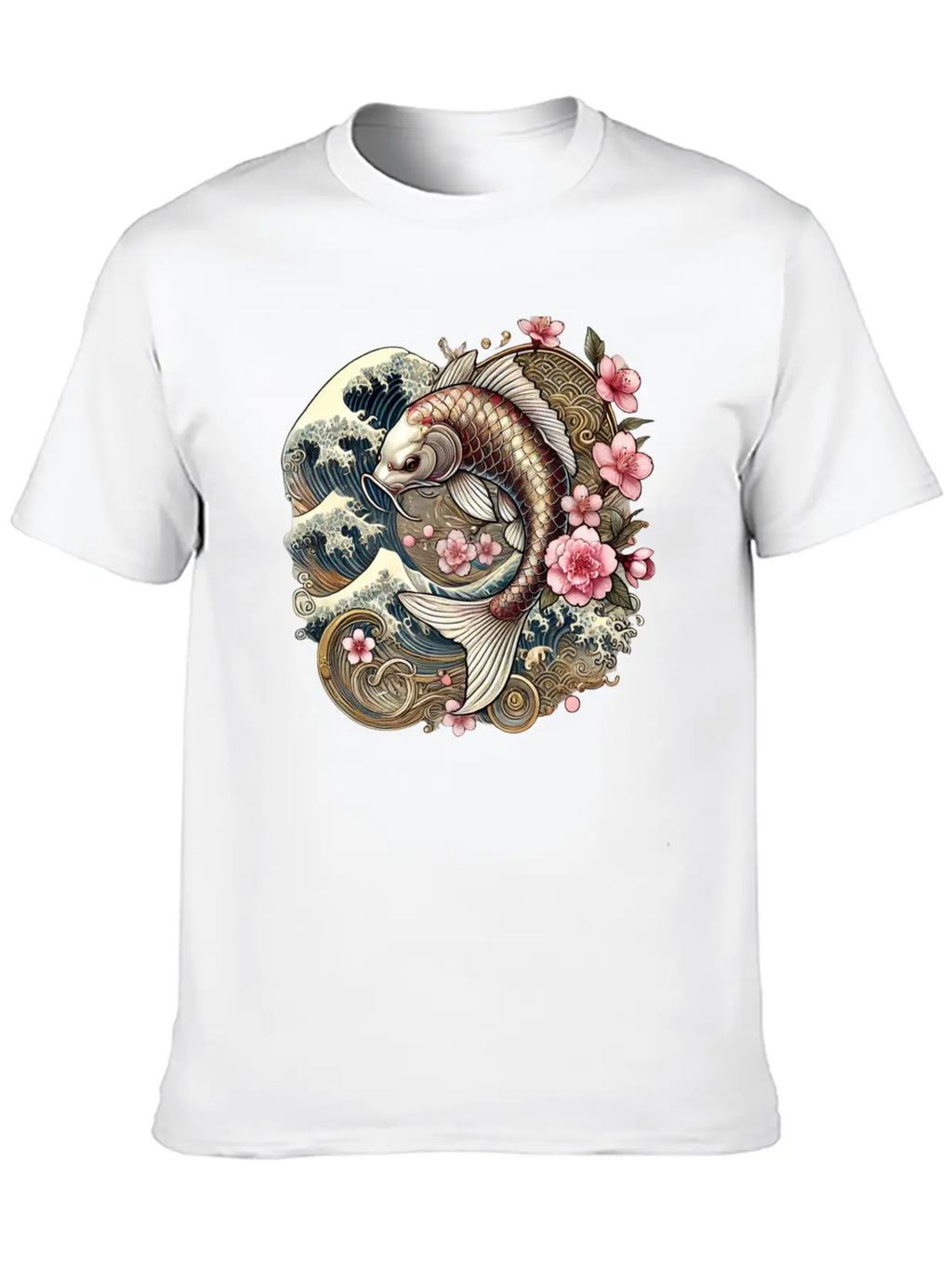 Elegant Koi Fish And Cherry Blossom Design Breathable Graphic T-Shirt – Perfect For Casual Days