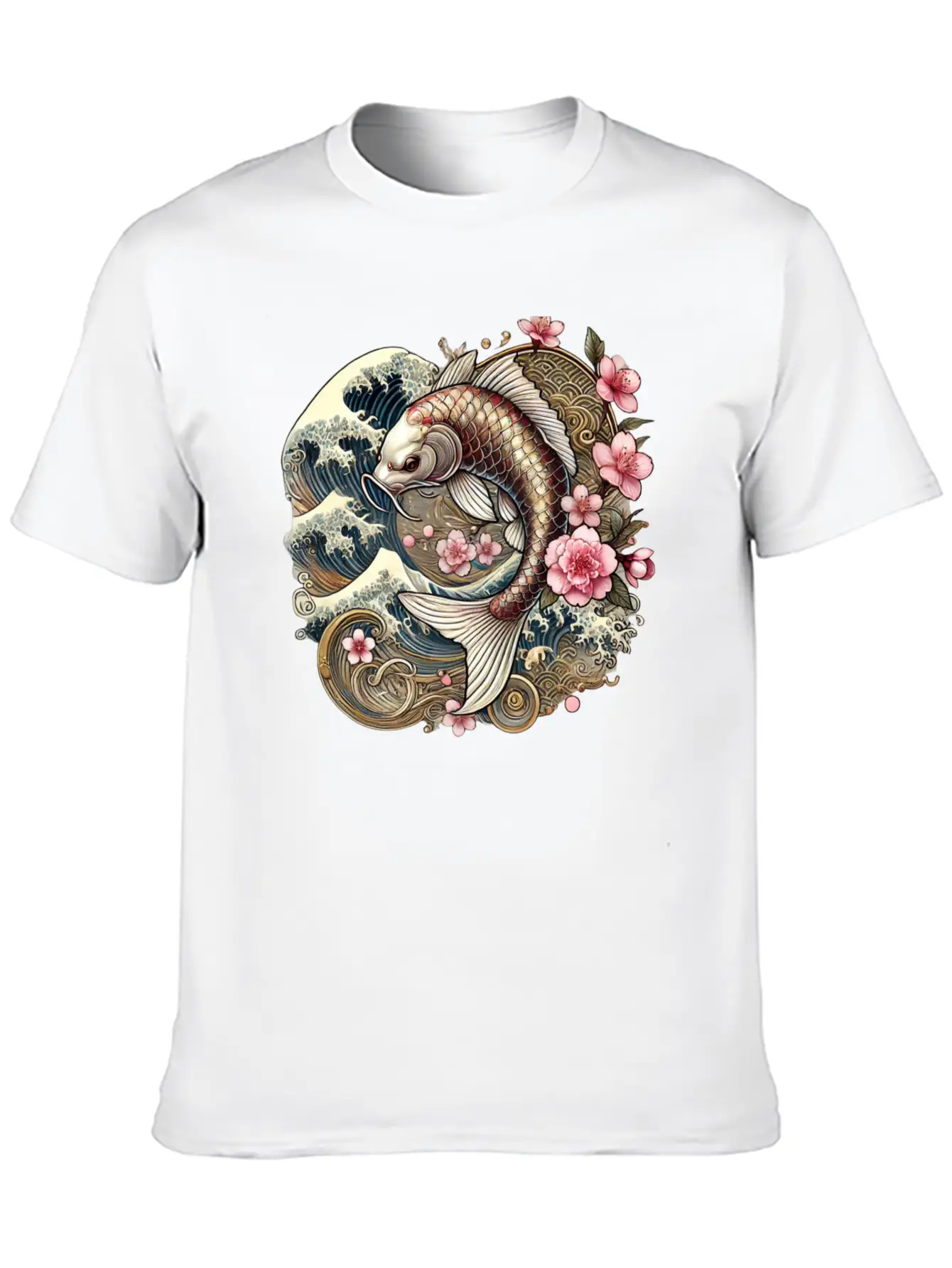 Elegant Koi Fish And Cherry Blossom Design Breathable Graphic T-Shirt – Perfect For Casual Days
