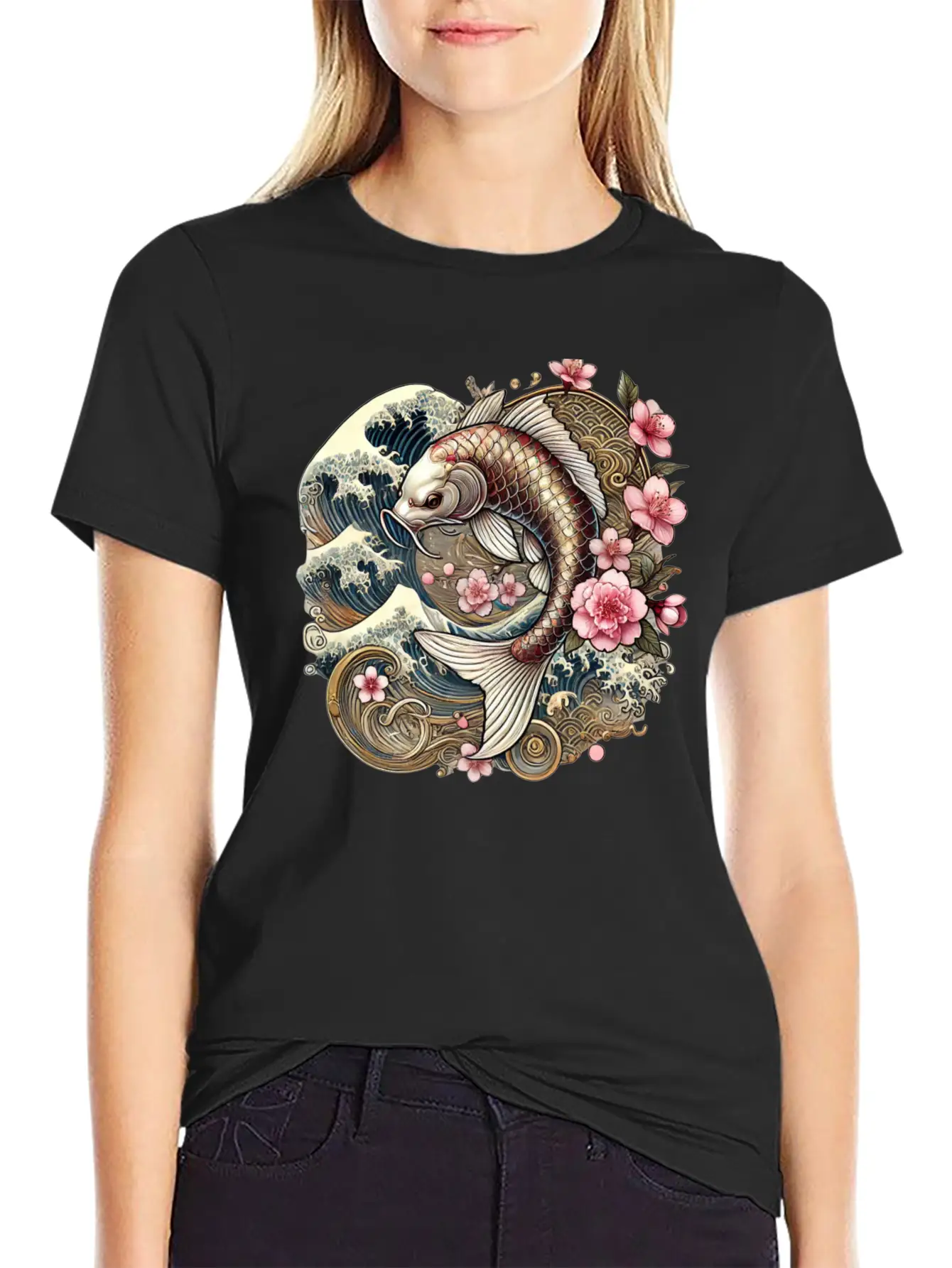 Elegant Koi Fish And Cherry Blossom Design Breathable Graphic T-Shirt – Perfect For Casual Days