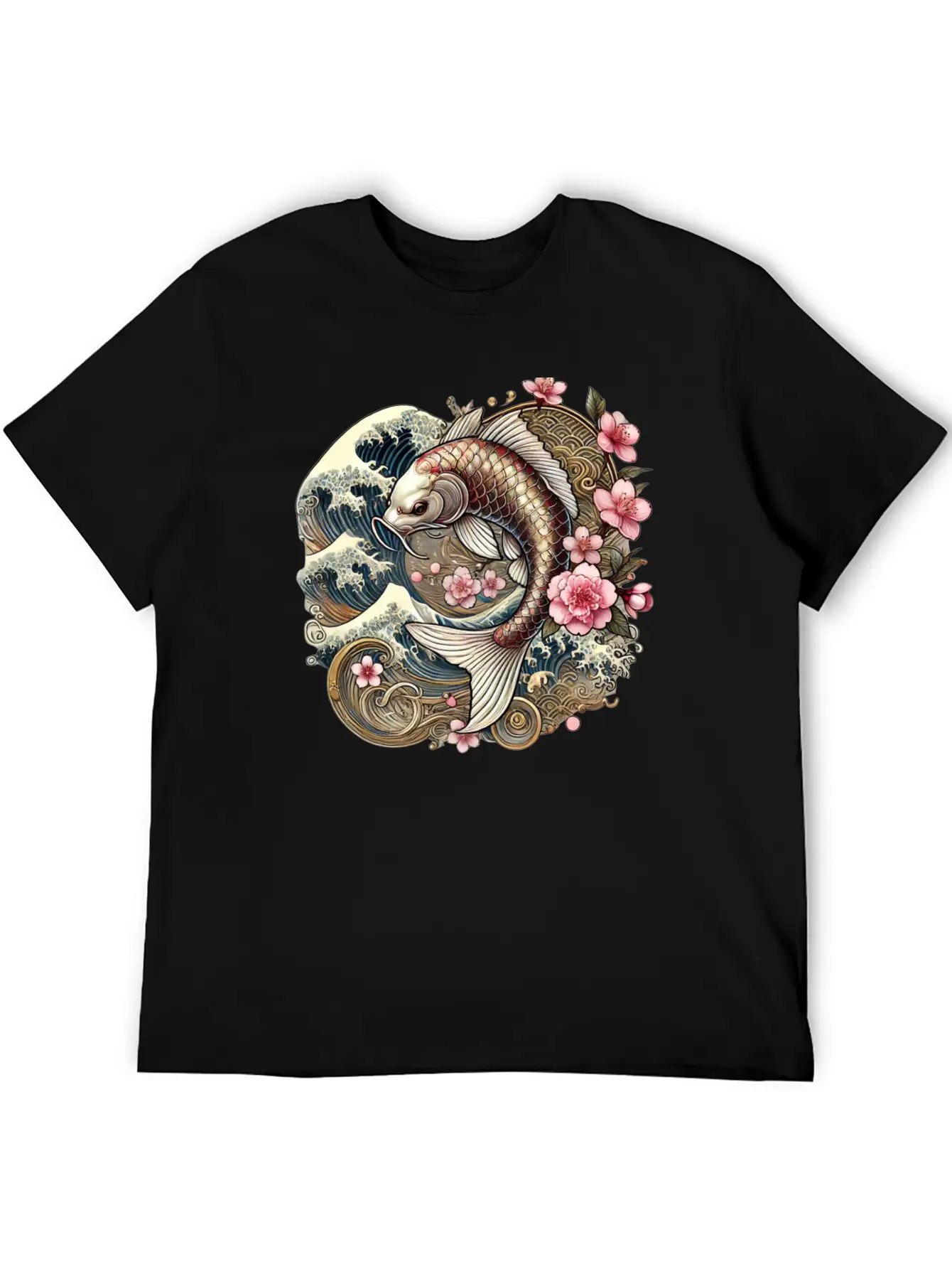 Elegant Koi Fish And Cherry Blossom Design Breathable Graphic T-Shirt – Perfect For Casual Days