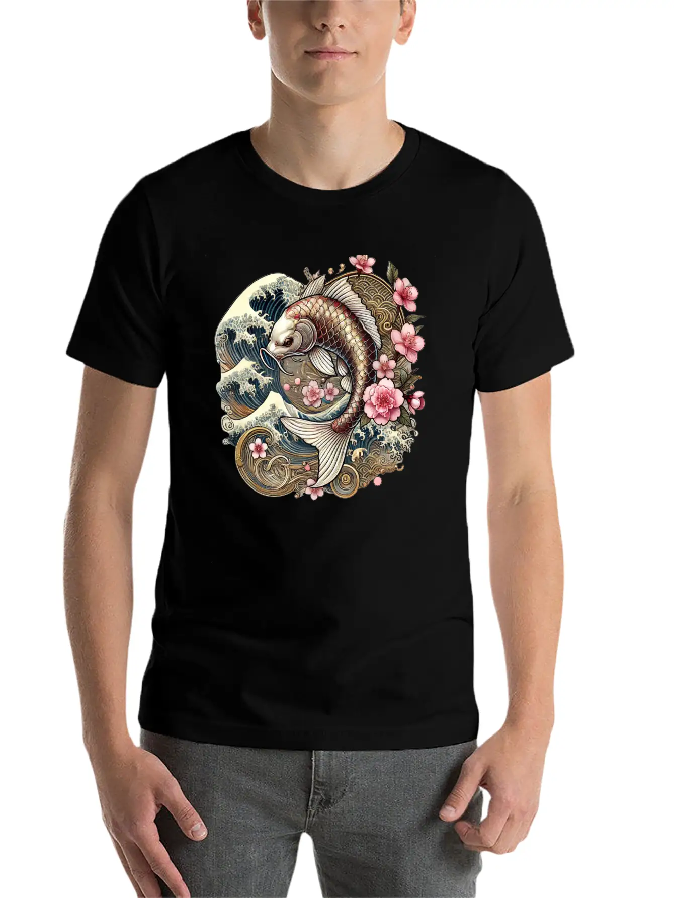 Elegant Koi Fish And Cherry Blossom Design Breathable Graphic T-Shirt – Perfect For Casual Days