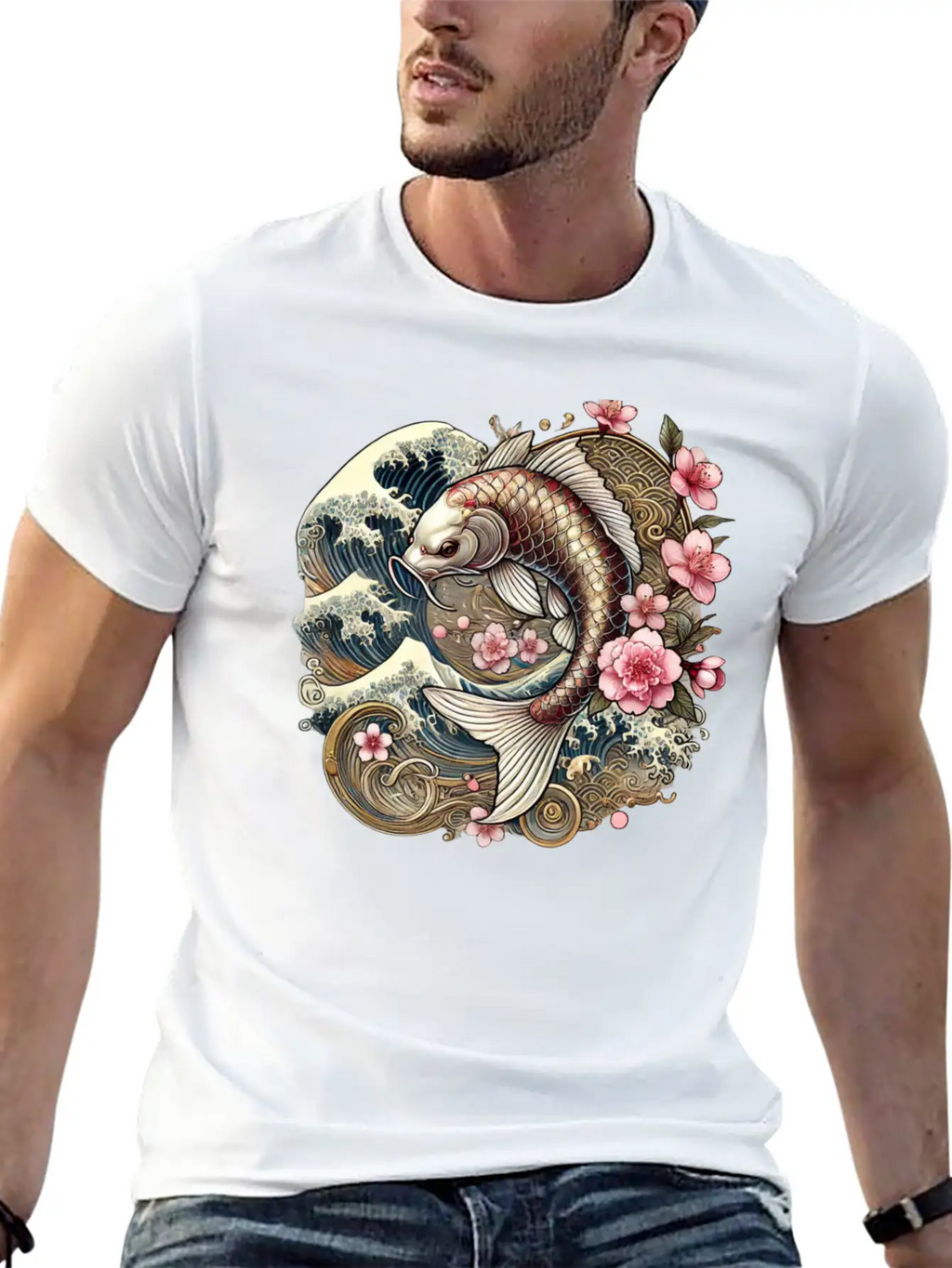Elegant Koi Fish And Cherry Blossom Design Breathable Graphic T-Shirt – Perfect For Casual Days