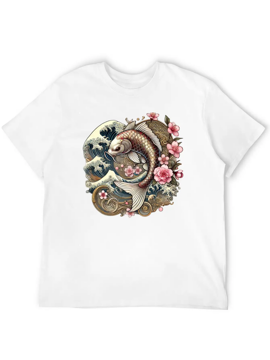 Elegant Koi Fish And Cherry Blossom Design Breathable Graphic T-Shirt – Perfect For Casual Days