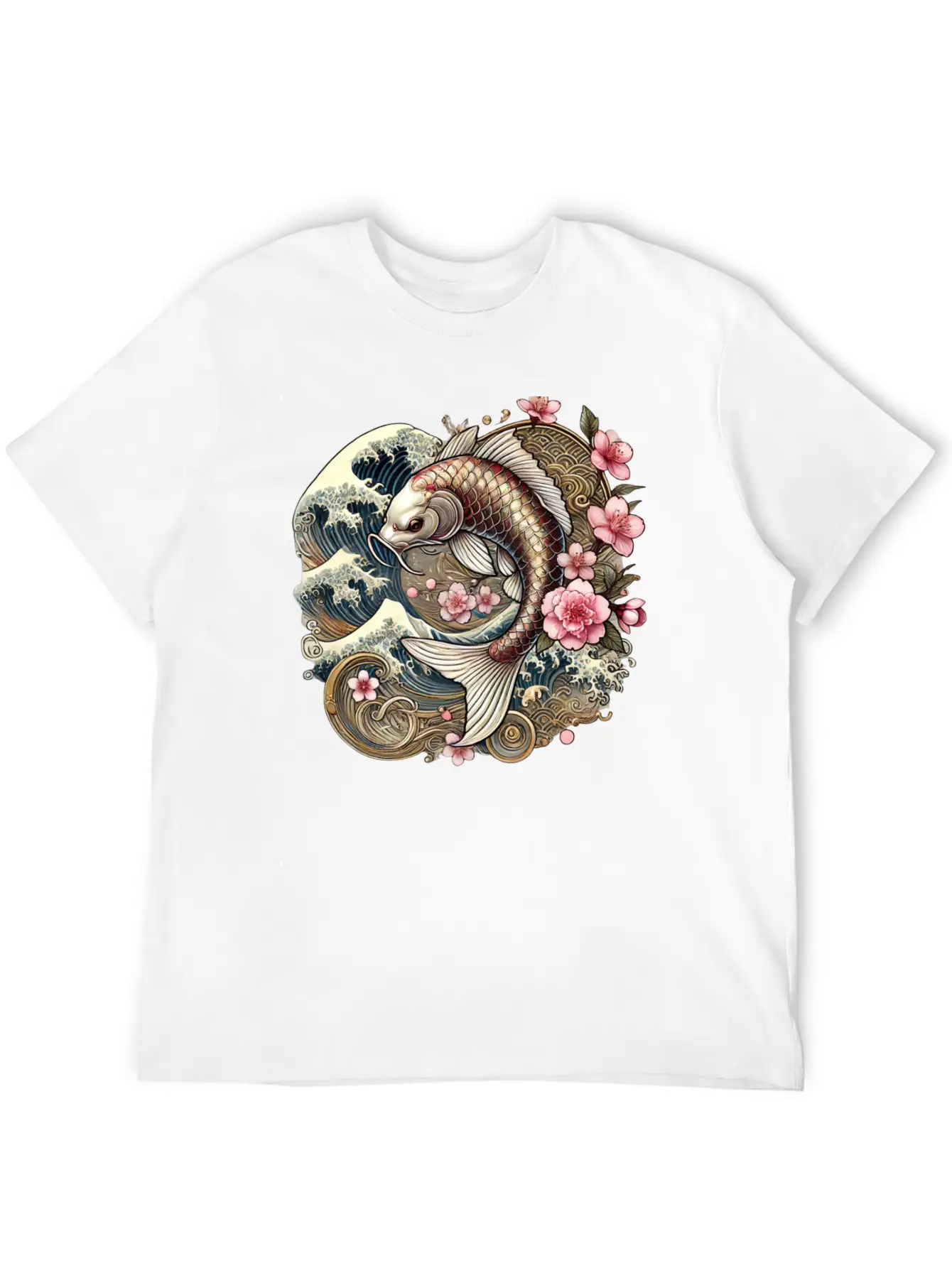 Elegant Koi Fish And Cherry Blossom Design Breathable Graphic T-Shirt – Perfect For Casual Days