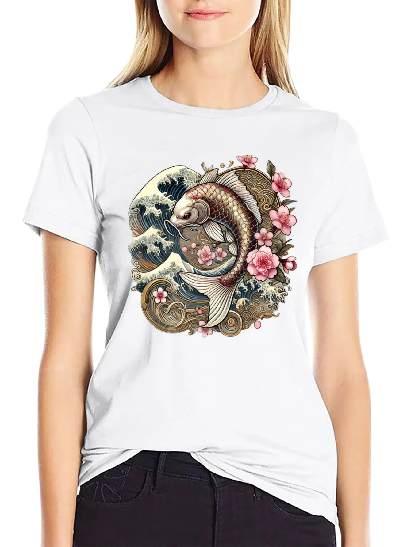 Elegant Koi Fish And Cherry Blossom Design Breathable Graphic T-Shirt – Perfect For Casual Days