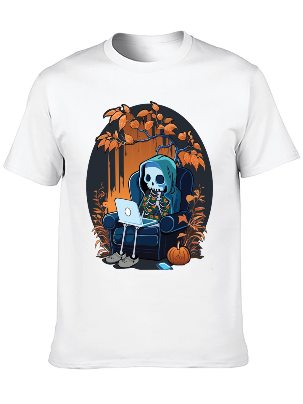 Skeleton Laptop Tee: Cozy Halloween Vibes