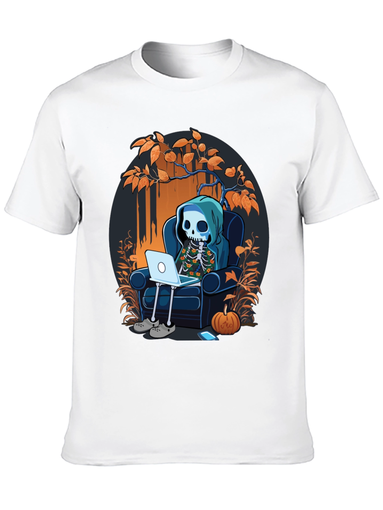 Skeleton Laptop Tee: Cozy Halloween Vibes