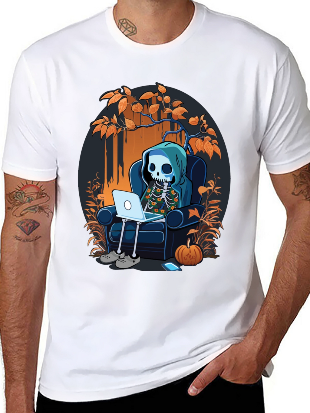 Skeleton Laptop Tee: Cozy Halloween Vibes