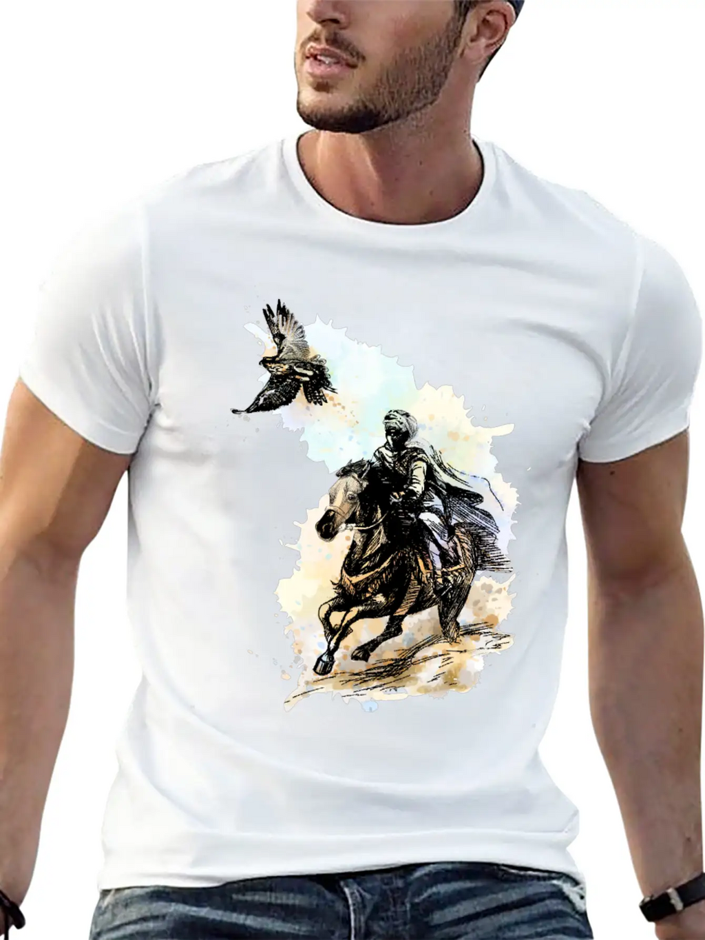 Falcon Hunting Arabian Man Falcon Horse Indie Art Unisex Casual T-Shirt – Clean Design For Daily Comfort