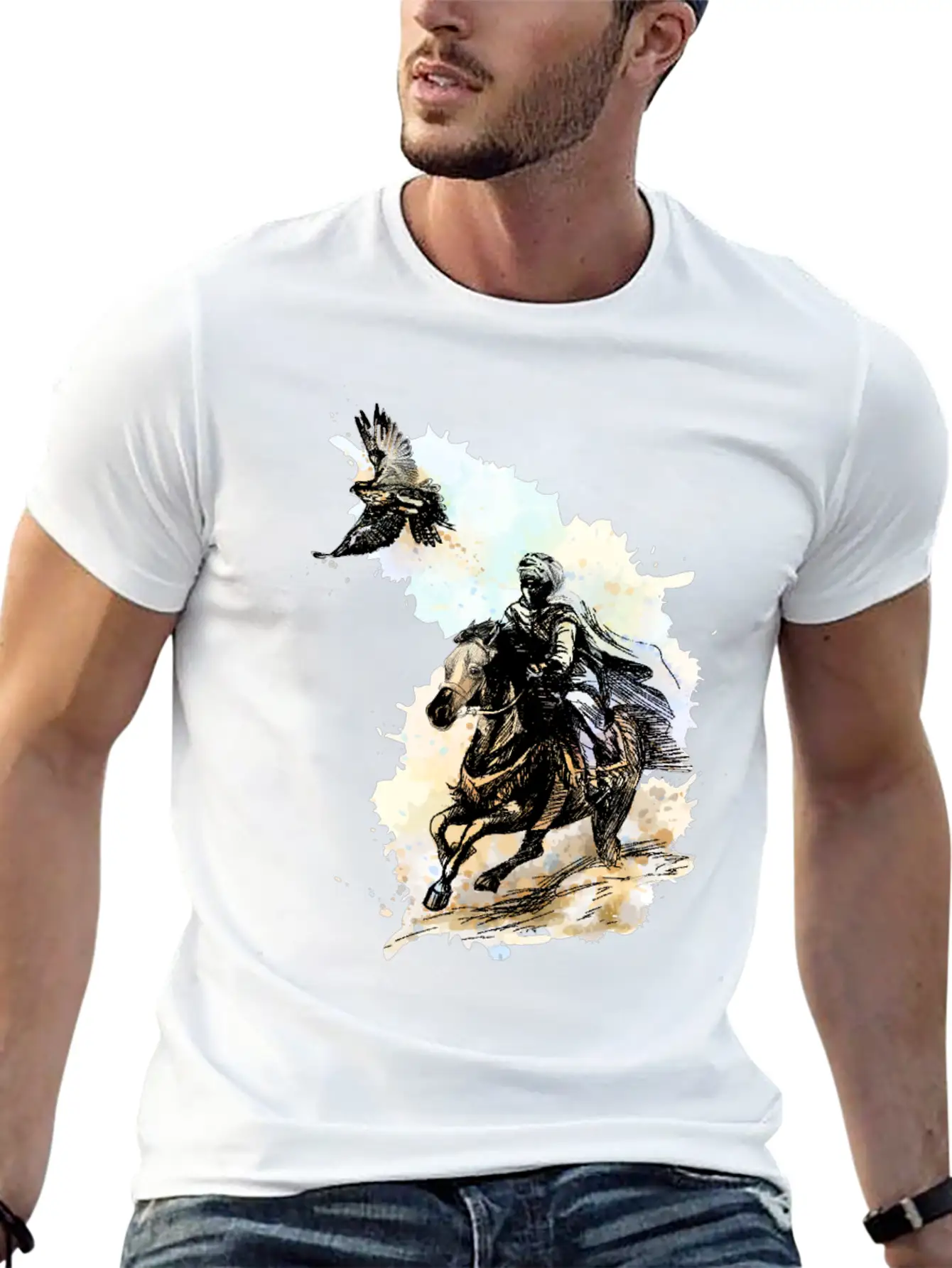 Falcon Hunting Arabian Man Falcon Horse Indie Art Unisex Casual T-Shirt – Clean Design For Daily Comfort