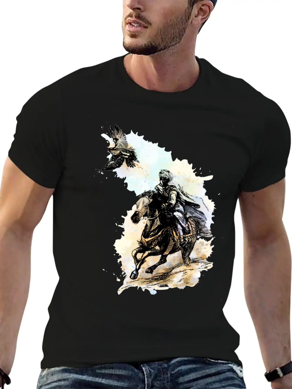 Falcon Hunting Arabian Man Falcon Horse Indie Art Unisex Casual T-Shirt – Clean Design For Daily Comfort