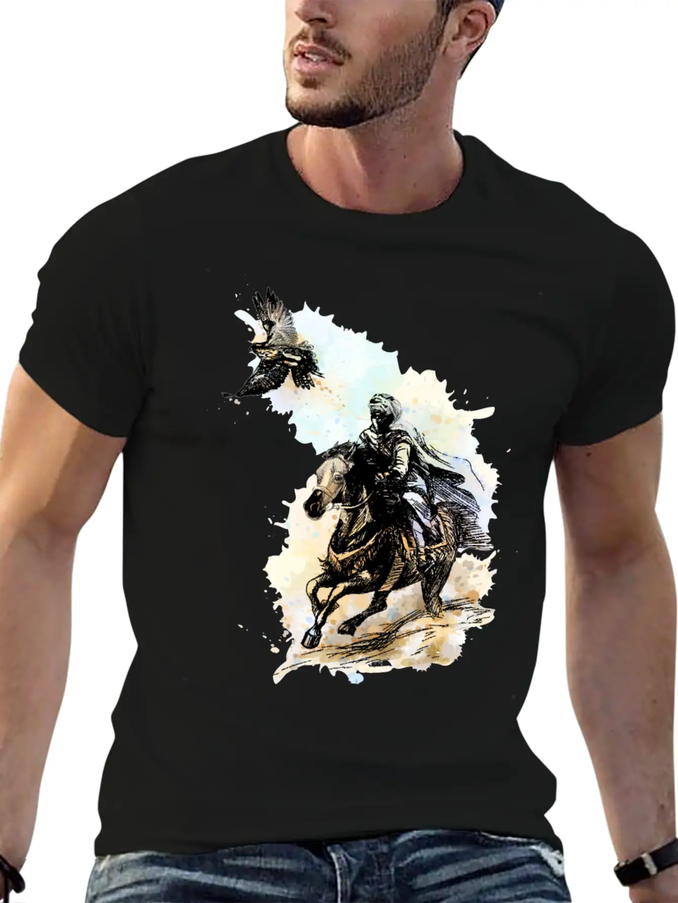 Falcon Hunting Arabian Man Falcon Horse Indie Art Unisex Casual T-Shirt – Clean Design For Daily Comfort