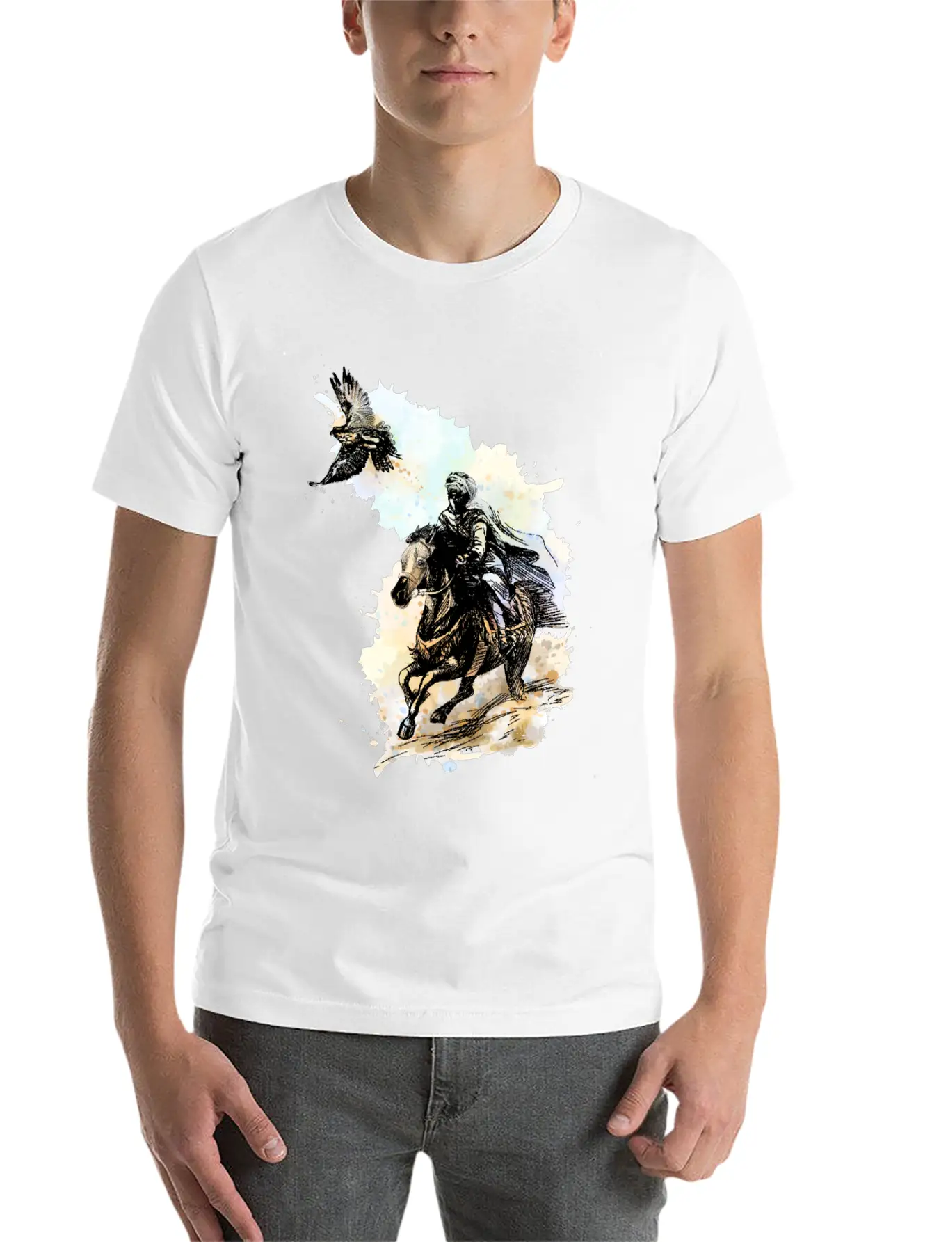 Falcon Hunting Arabian Man Falcon Horse Indie Art Unisex Casual T-Shirt – Clean Design For Daily Comfort