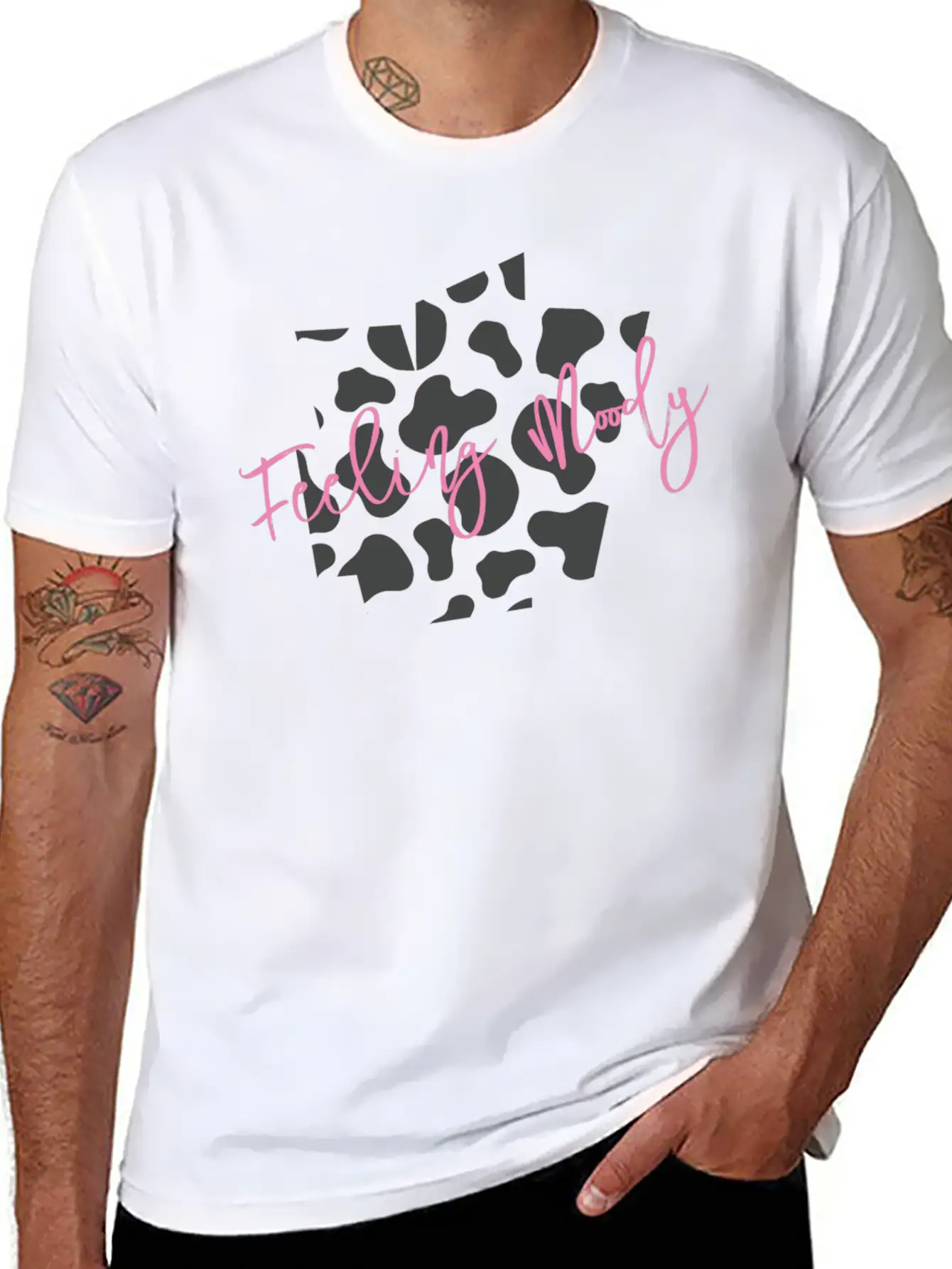 Feeling Moody - Cow Print Timeless Short Sleeve Tee – Comfy And Minimalist Design