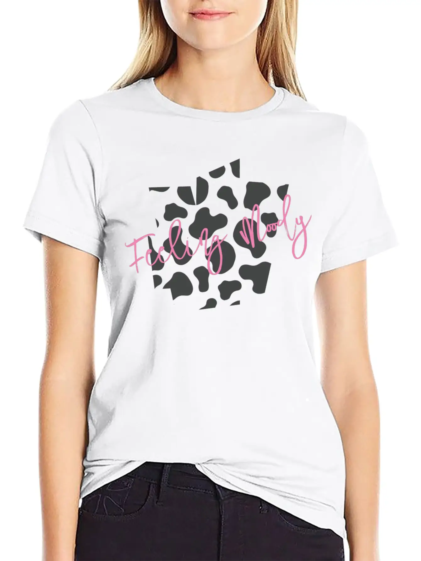 Feeling Moody - Cow Print Timeless Short Sleeve Tee – Comfy And Minimalist Design