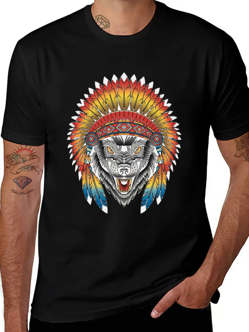 Fierce Wolf In Feathered Headdress Timeless Short Sleeve Tee – Comfy And Minimalist Design