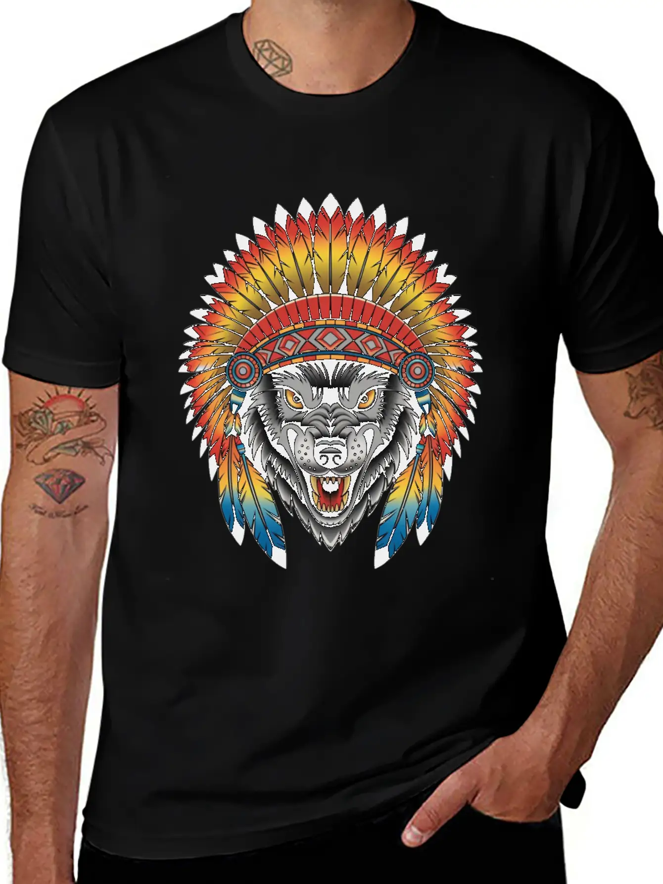 Fierce Wolf In Feathered Headdress Timeless Short Sleeve Tee – Comfy And Minimalist Design