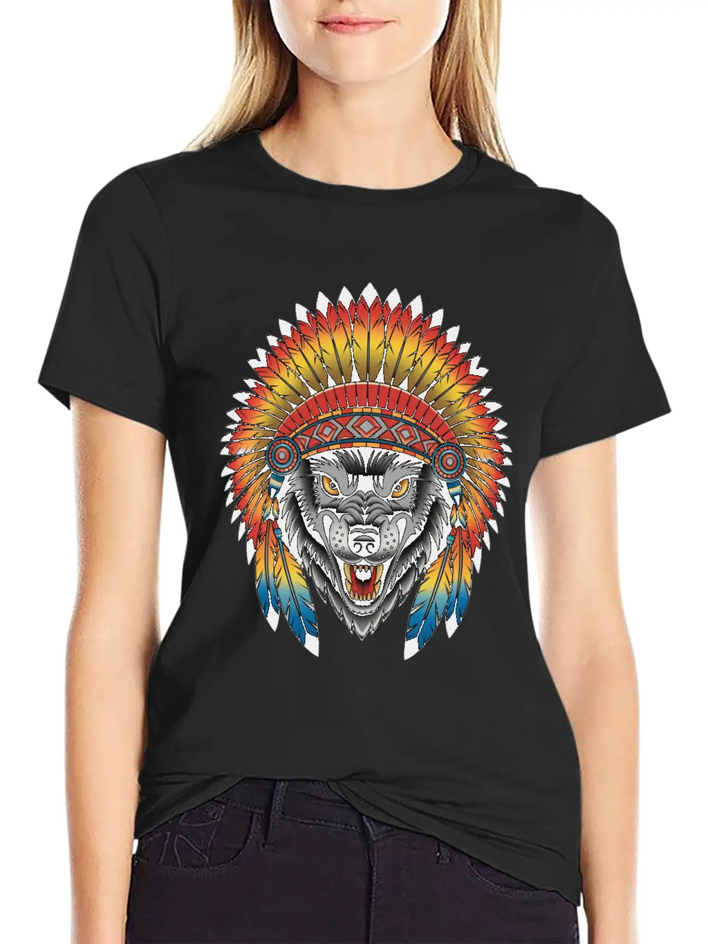 Fierce Wolf In Feathered Headdress Timeless Short Sleeve Tee – Comfy And Minimalist Design