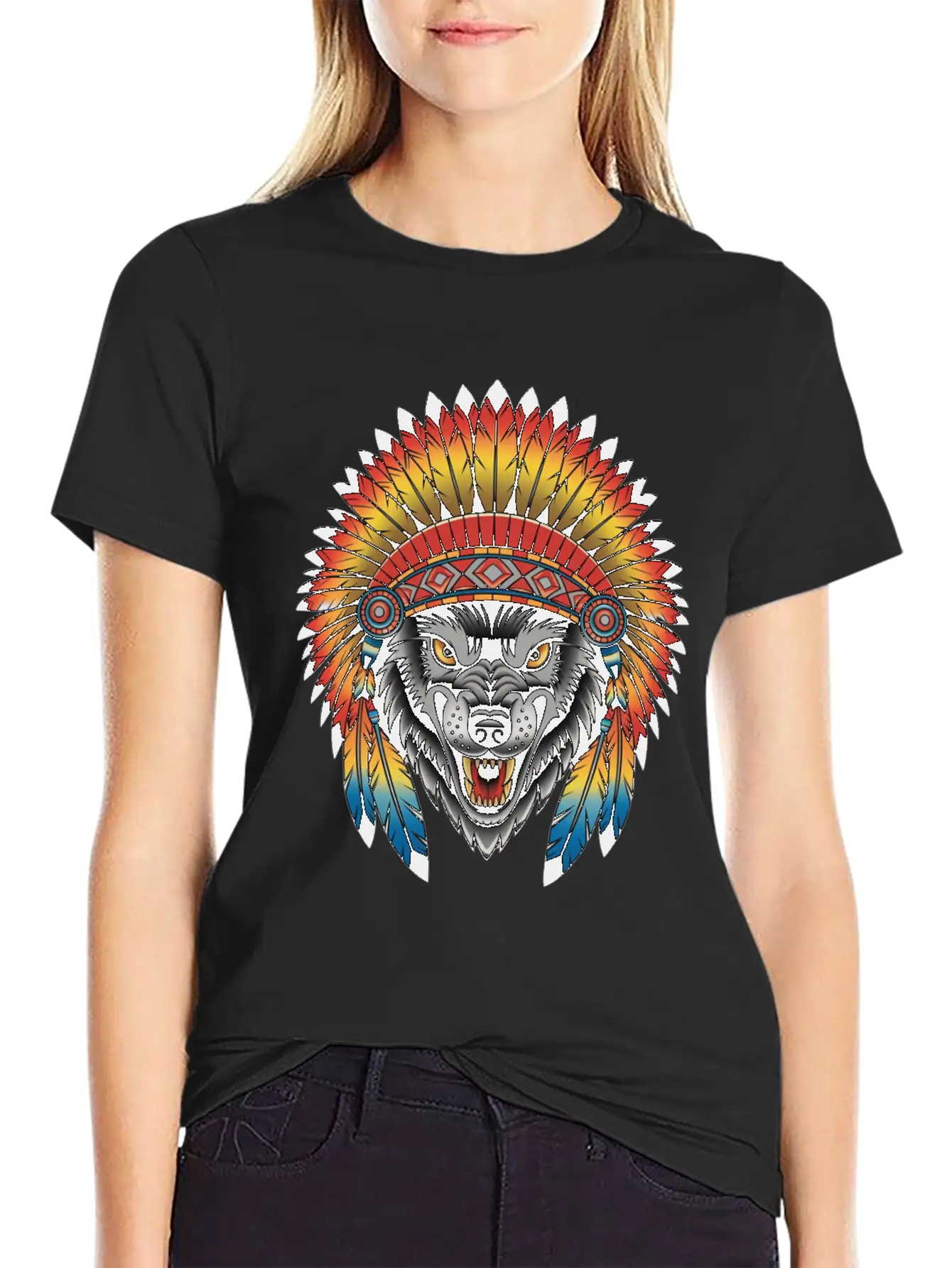 Fierce Wolf In Feathered Headdress Timeless Short Sleeve Tee – Comfy And Minimalist Design