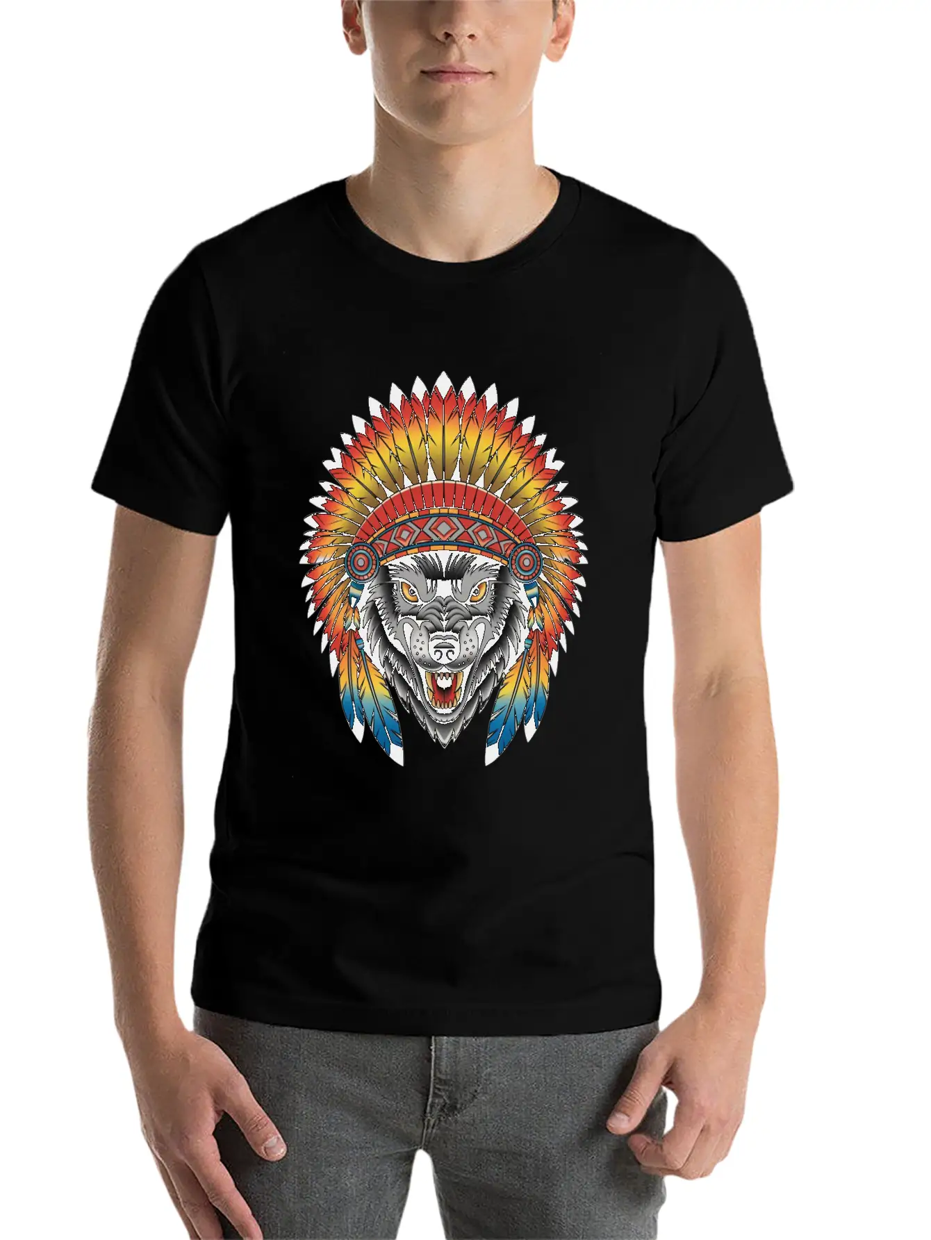 Fierce Wolf In Feathered Headdress Timeless Short Sleeve Tee – Comfy And Minimalist Design