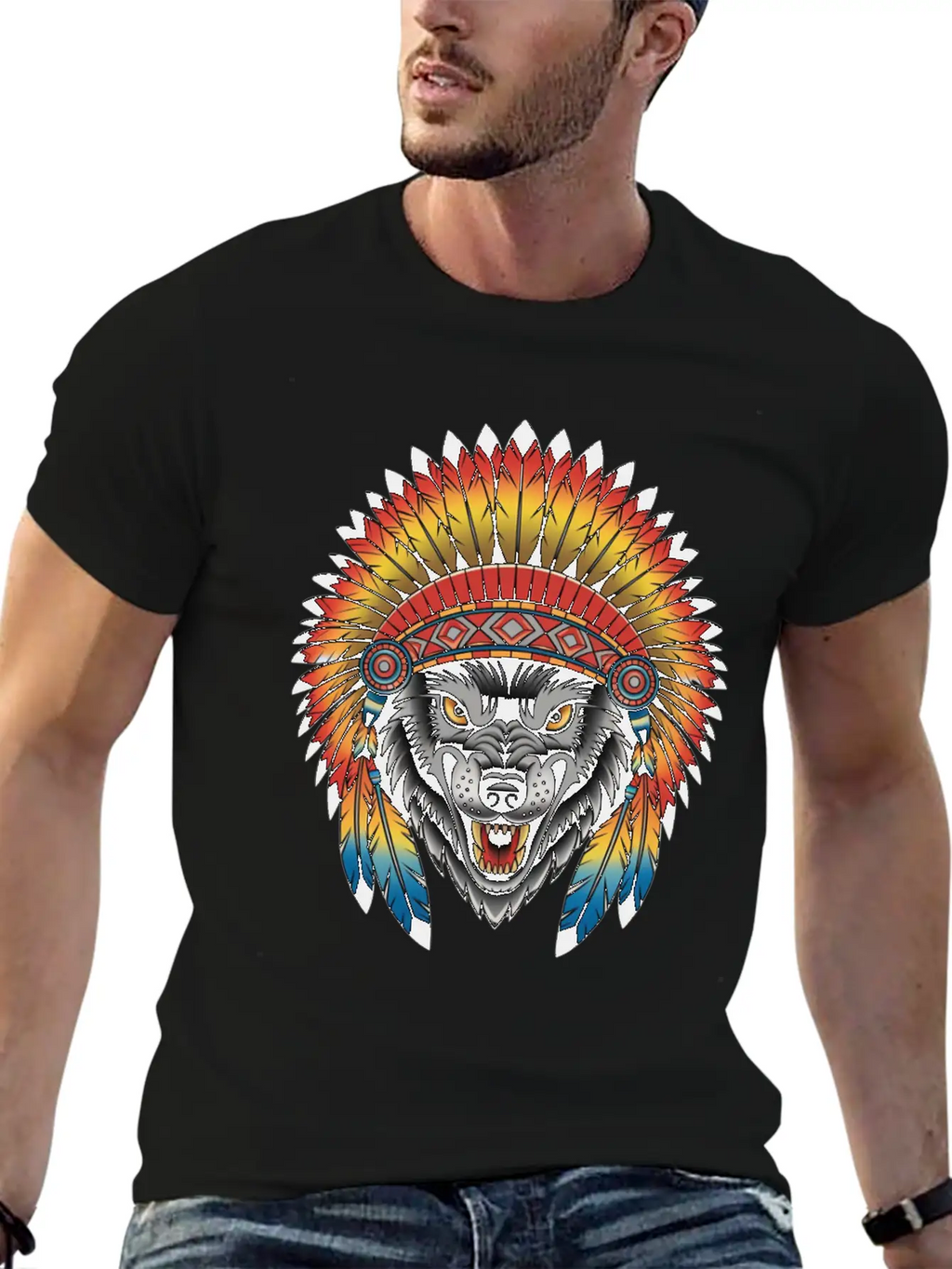 Fierce Wolf In Feathered Headdress Timeless Short Sleeve Tee – Comfy And Minimalist Design