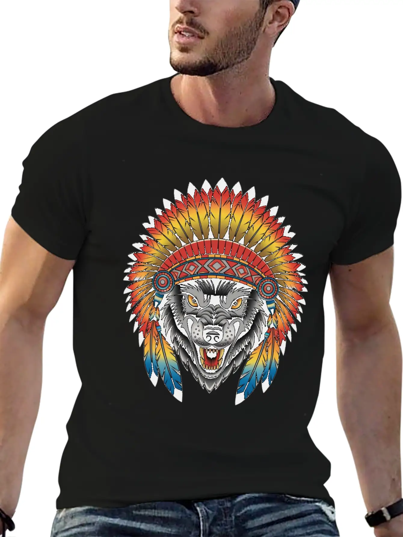 Fierce Wolf In Feathered Headdress Timeless Short Sleeve Tee – Comfy And Minimalist Design