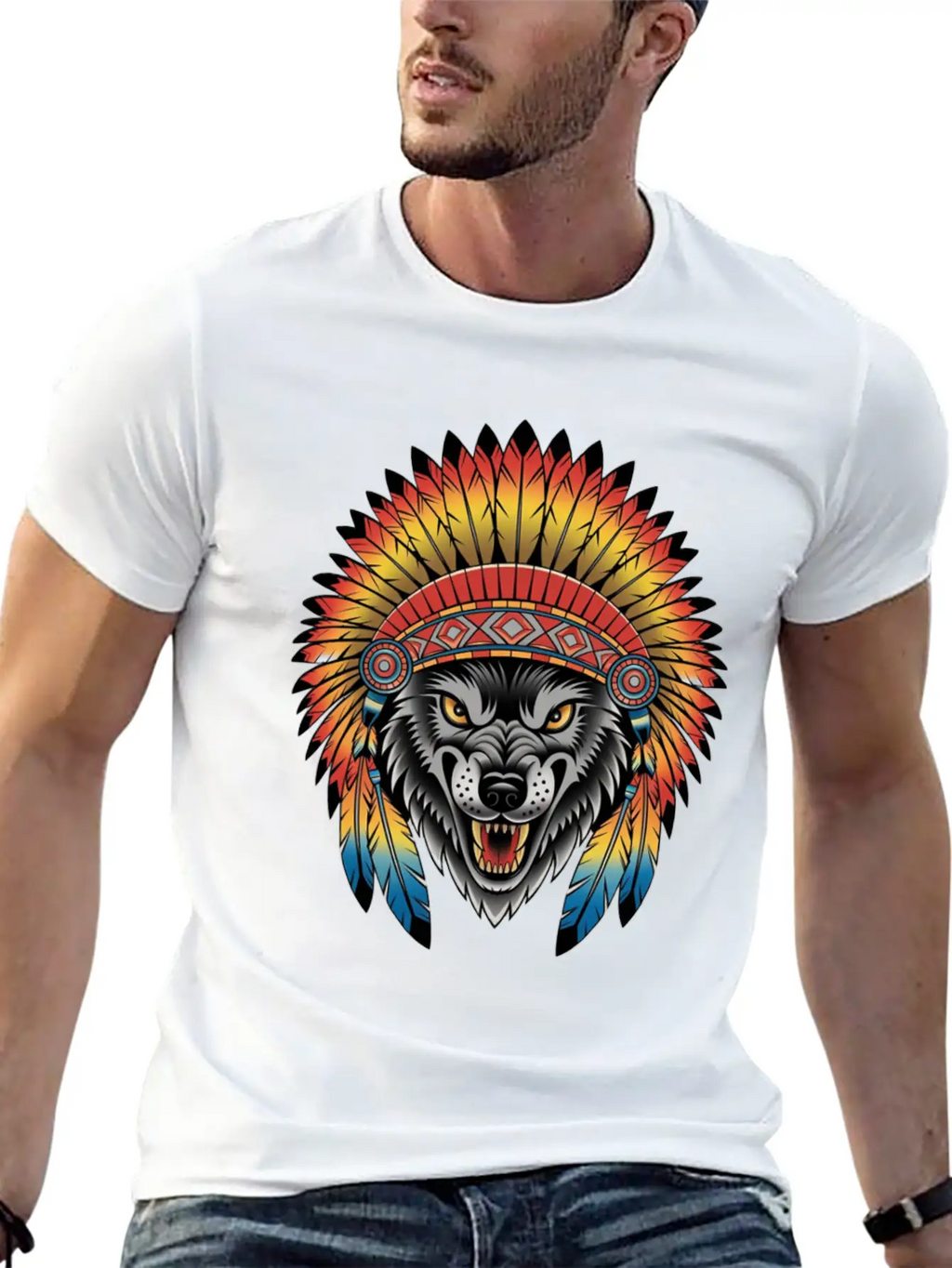 Fierce Wolf In Feathered Headdress Timeless Short Sleeve Tee – Comfy And Minimalist Design