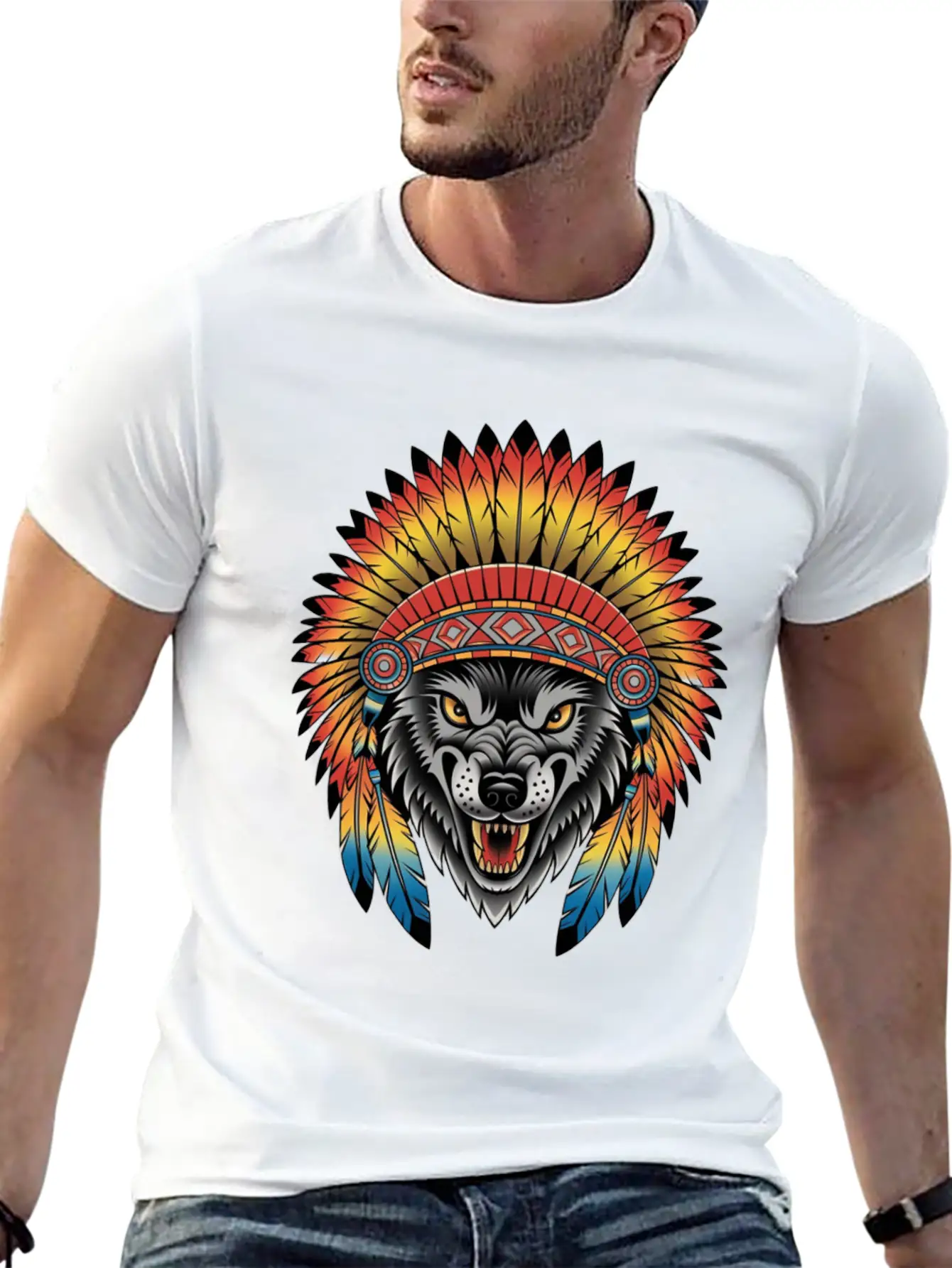 Fierce Wolf In Feathered Headdress Timeless Short Sleeve Tee – Comfy And Minimalist Design