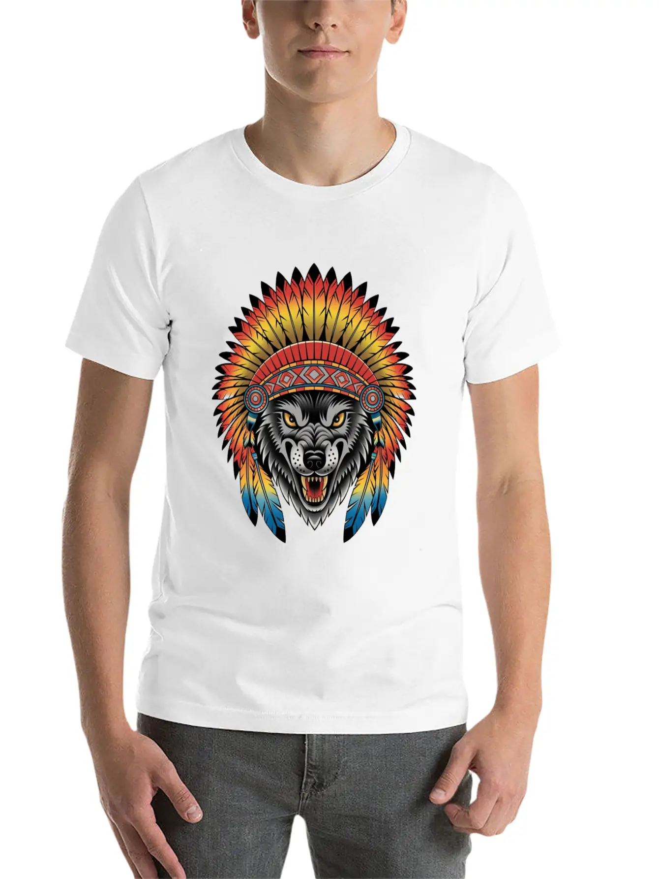 Fierce Wolf In Feathered Headdress Timeless Short Sleeve Tee – Comfy And Minimalist Design