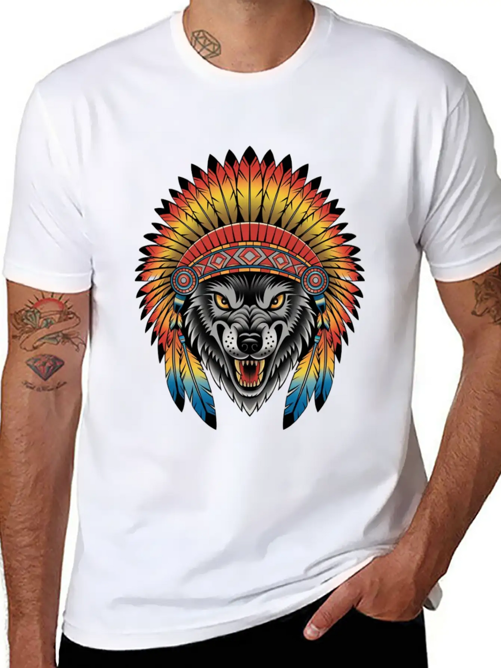 Fierce Wolf In Feathered Headdress Timeless Short Sleeve Tee – Comfy And Minimalist Design