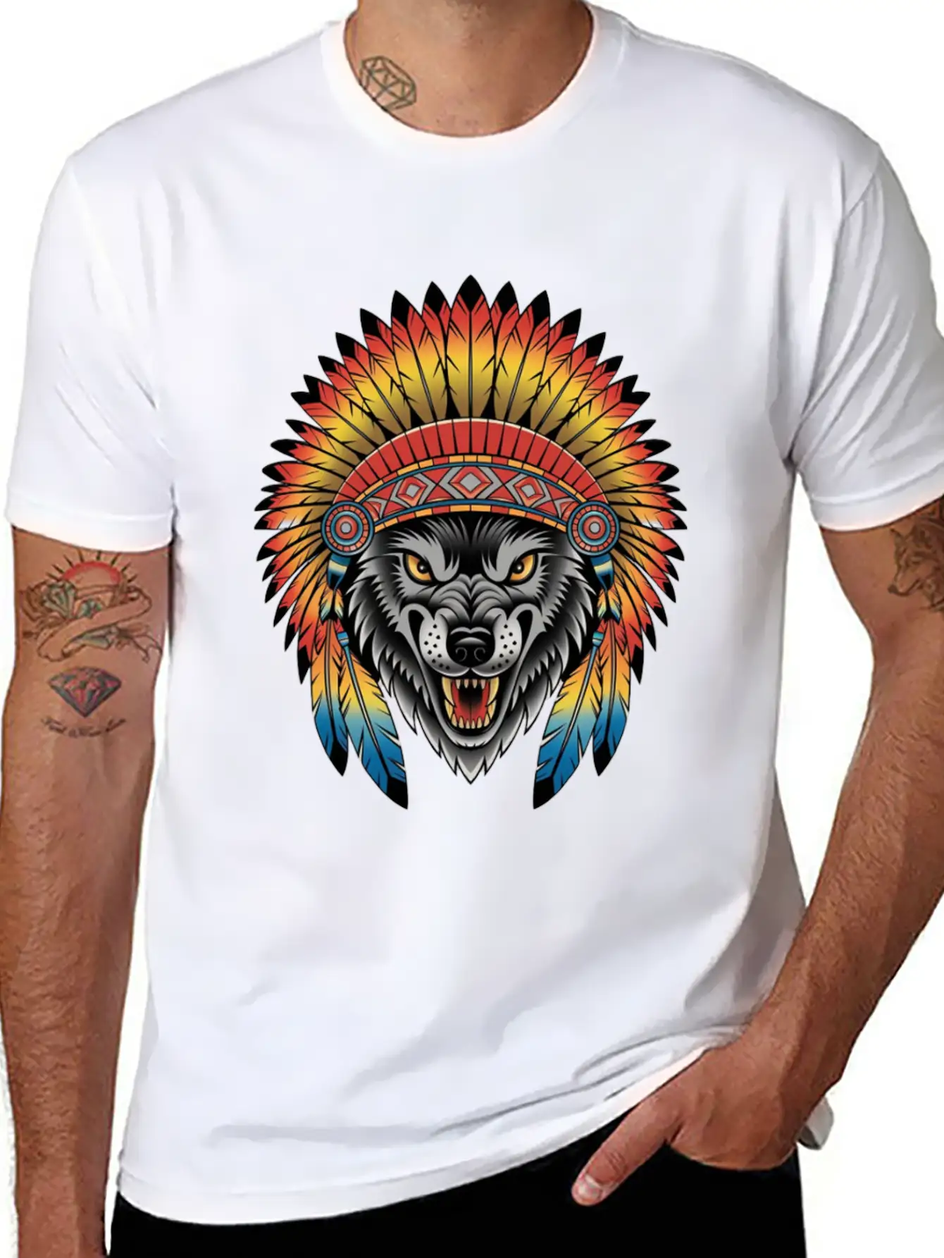 Fierce Wolf In Feathered Headdress Timeless Short Sleeve Tee – Comfy And Minimalist Design